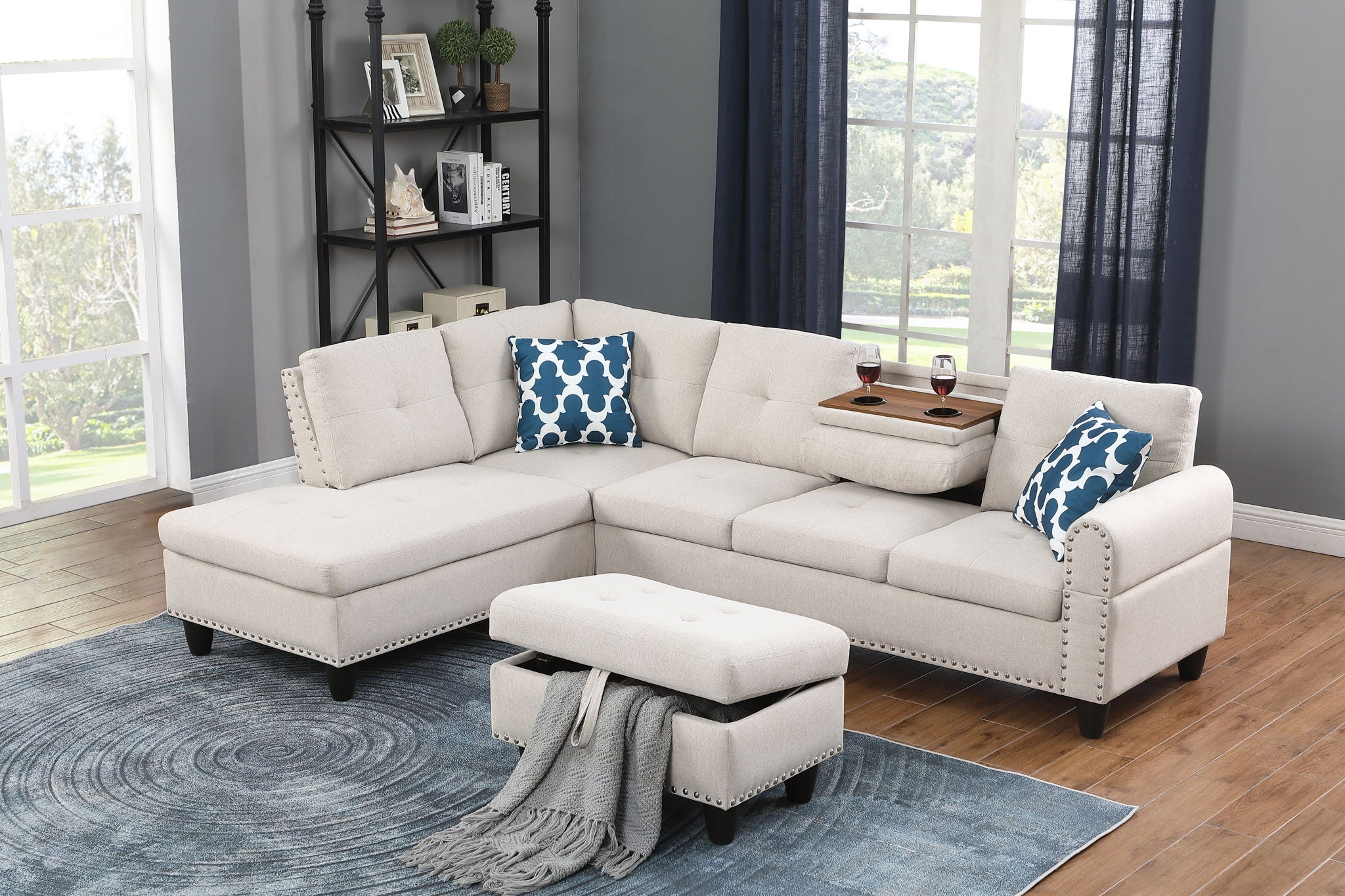 Alger - Wide Left Hand Facing Sofa & Chaise With Ottoman - Beige - Best Buy Furniture