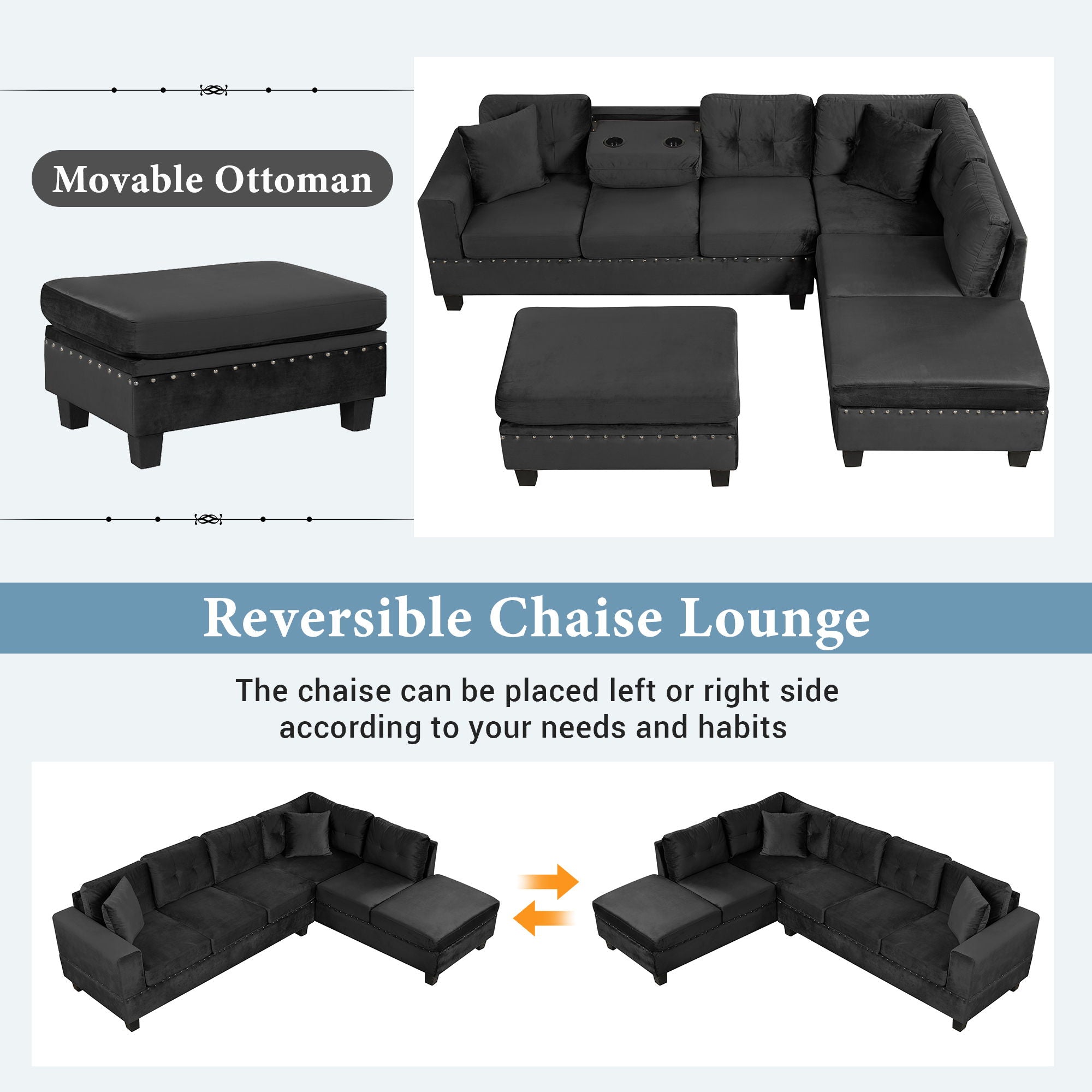 Modern Sectional Sofa With Storage Ottoman, L - Shape Couch With 2 Pillows And Cup Holders - Best Buy Furniture