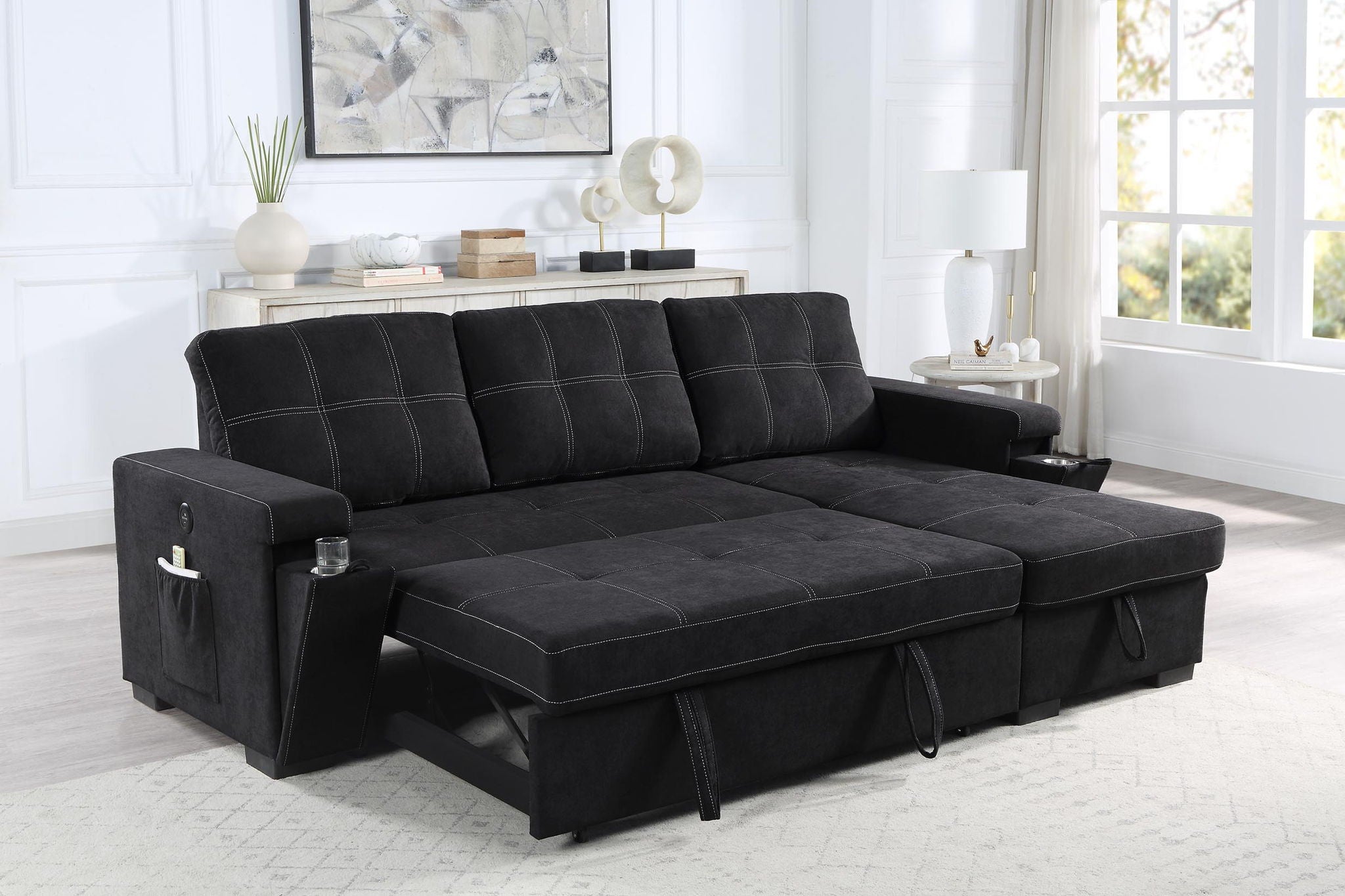 Toby - Woven Fabric Reversible Sleeper Sectional Sofa With Storage Chaise Cup Holder Charging Ports And Pockets - Best Buy Furniture