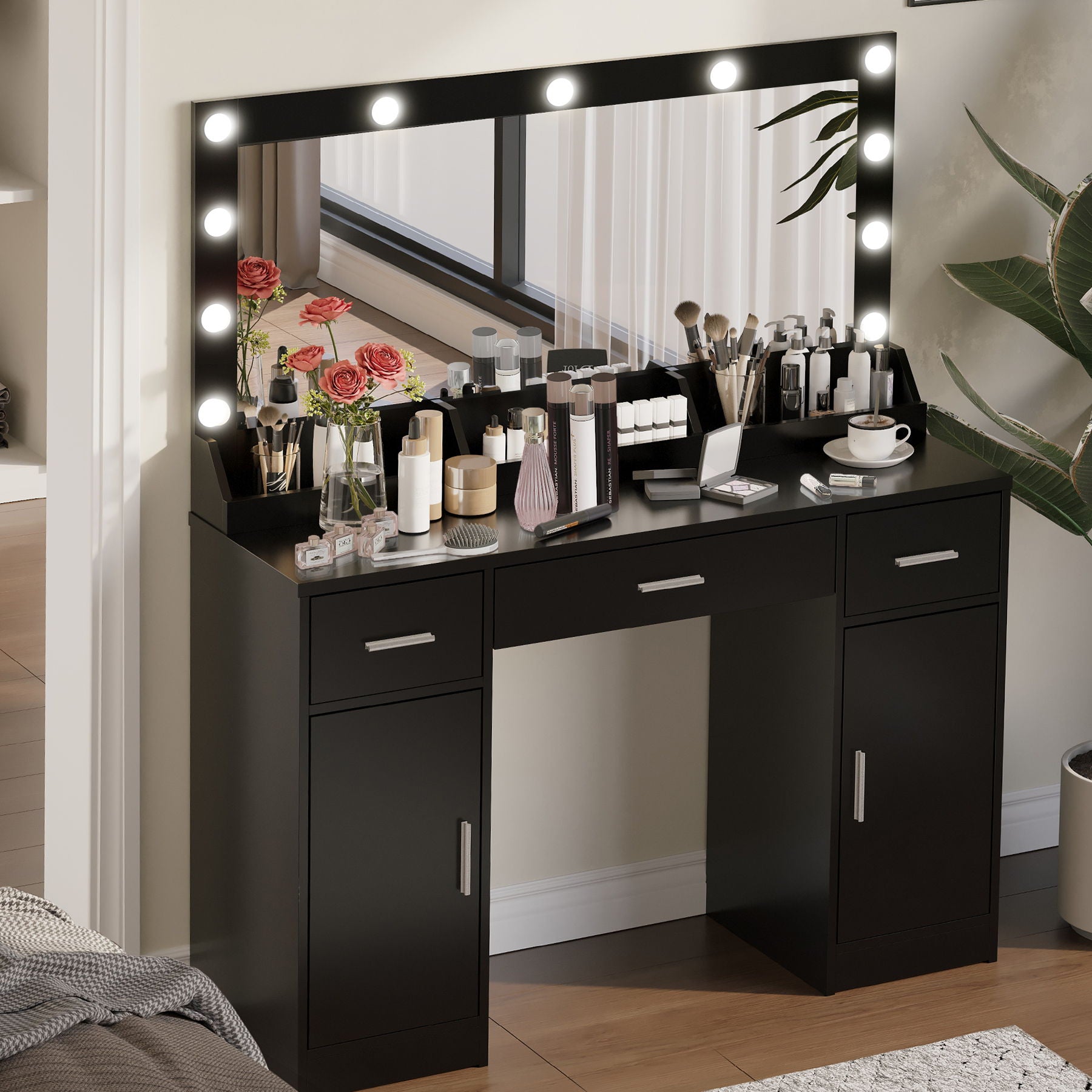 Vanity Desk With Large Mirror, 3 Colour Lighting Modes, Adjustable Brightness, Dresser With 3 Drawers & 2 Vertical Cabinets, Makeup Vanity Table For Women & Girls - Best Buy Furniture