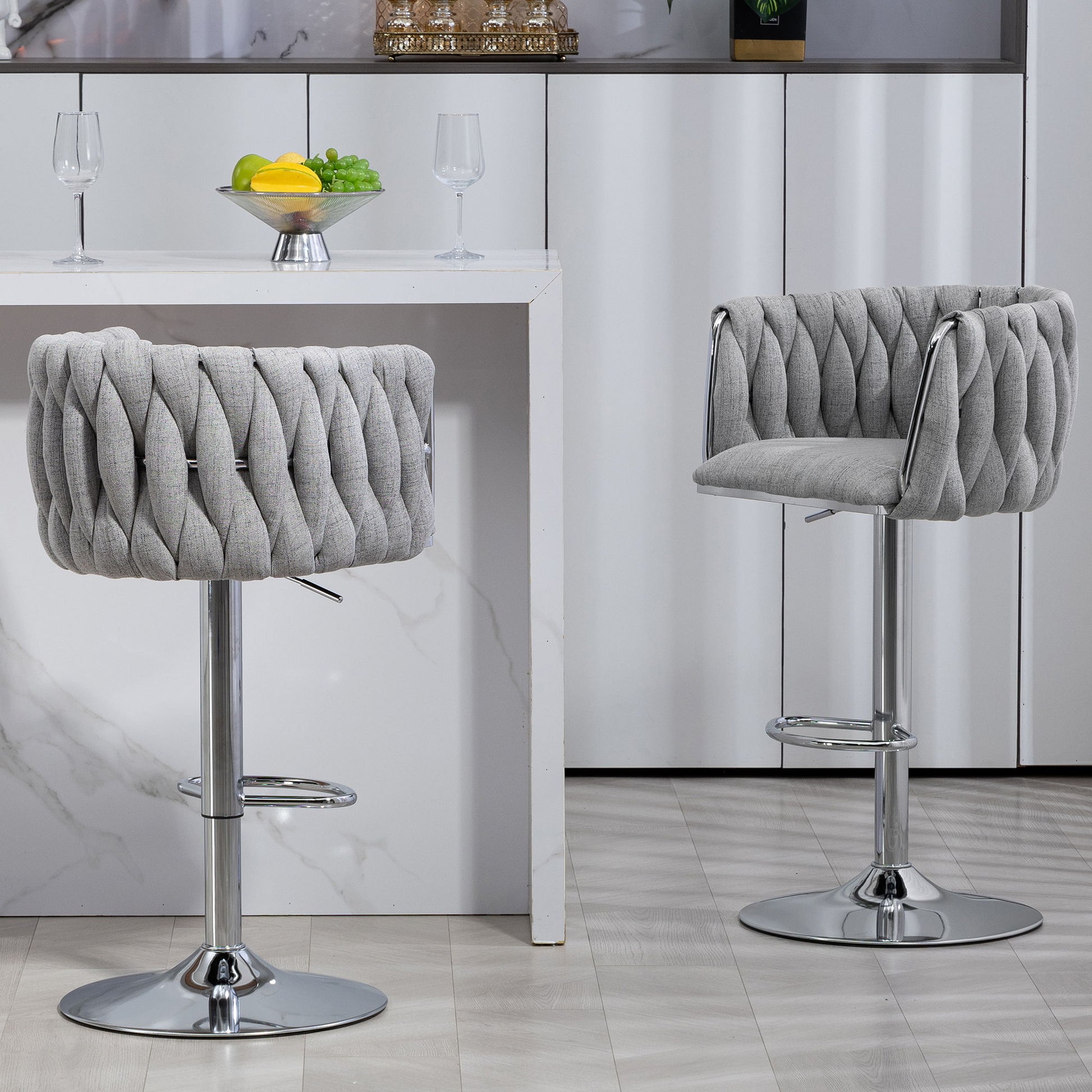 360 Degree Swivel Bar Stools Adjustable Counter Height Bar Chairs With Woven Back & Footrest, Silver Chromed Bar Stools For Kitchen Island (Set of 2) - Gray - Best Buy Furniture
