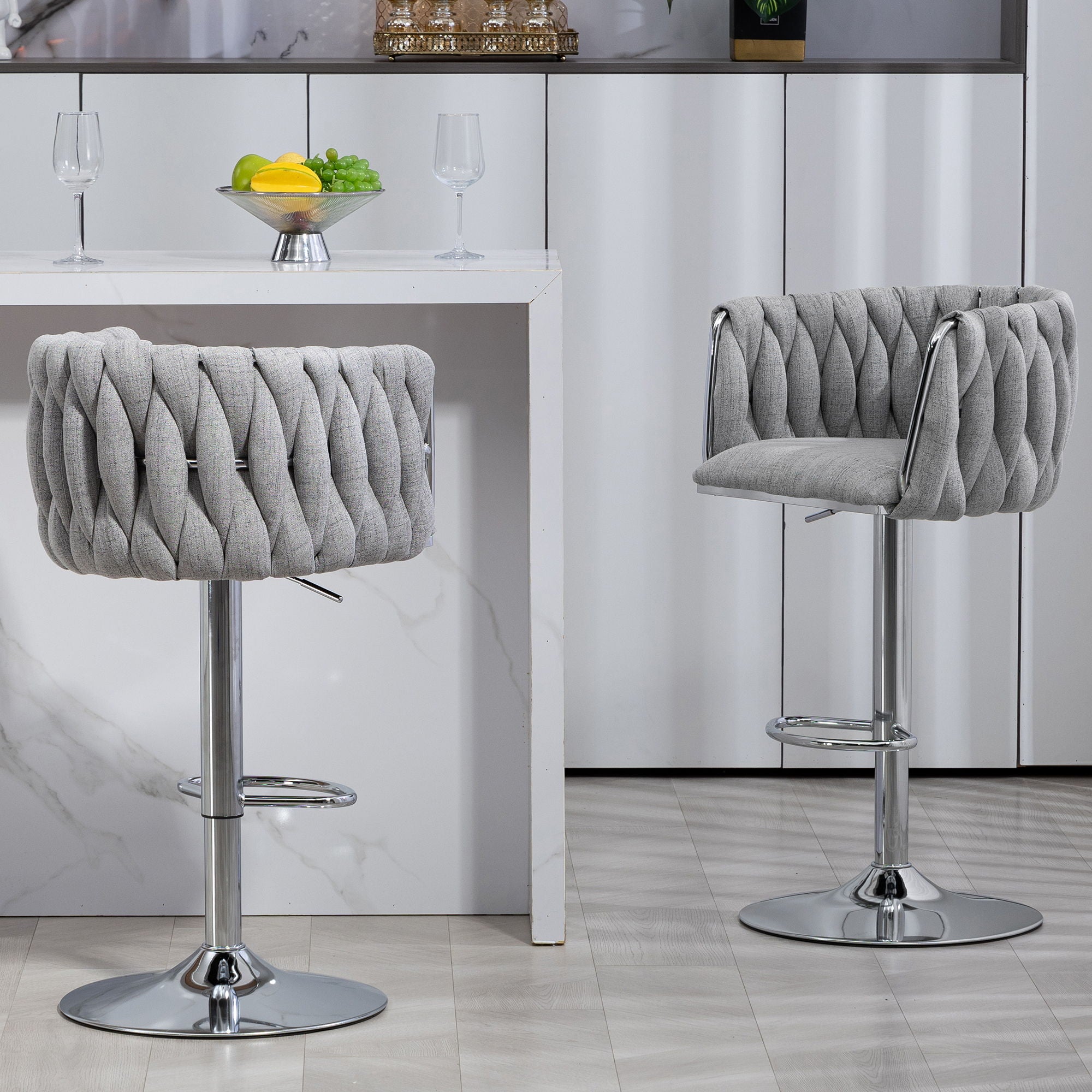 360 Degree Swivel Bar Stools Adjustable Counter Height Bar Chairs With Woven Back & Footrest, Silver Chromed Bar Stools For Kitchen Island (Set of 2) - Gray - Best Buy Furniture