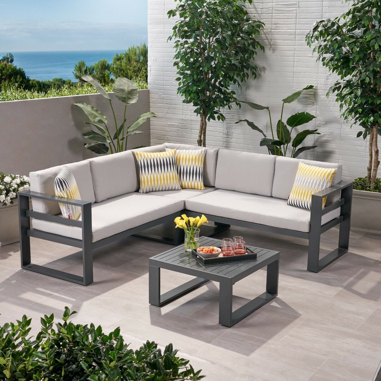 Dursley - Outdoor Aluminum V Shape Sofa Sectional - Beige / Gray - Best Buy Furniture