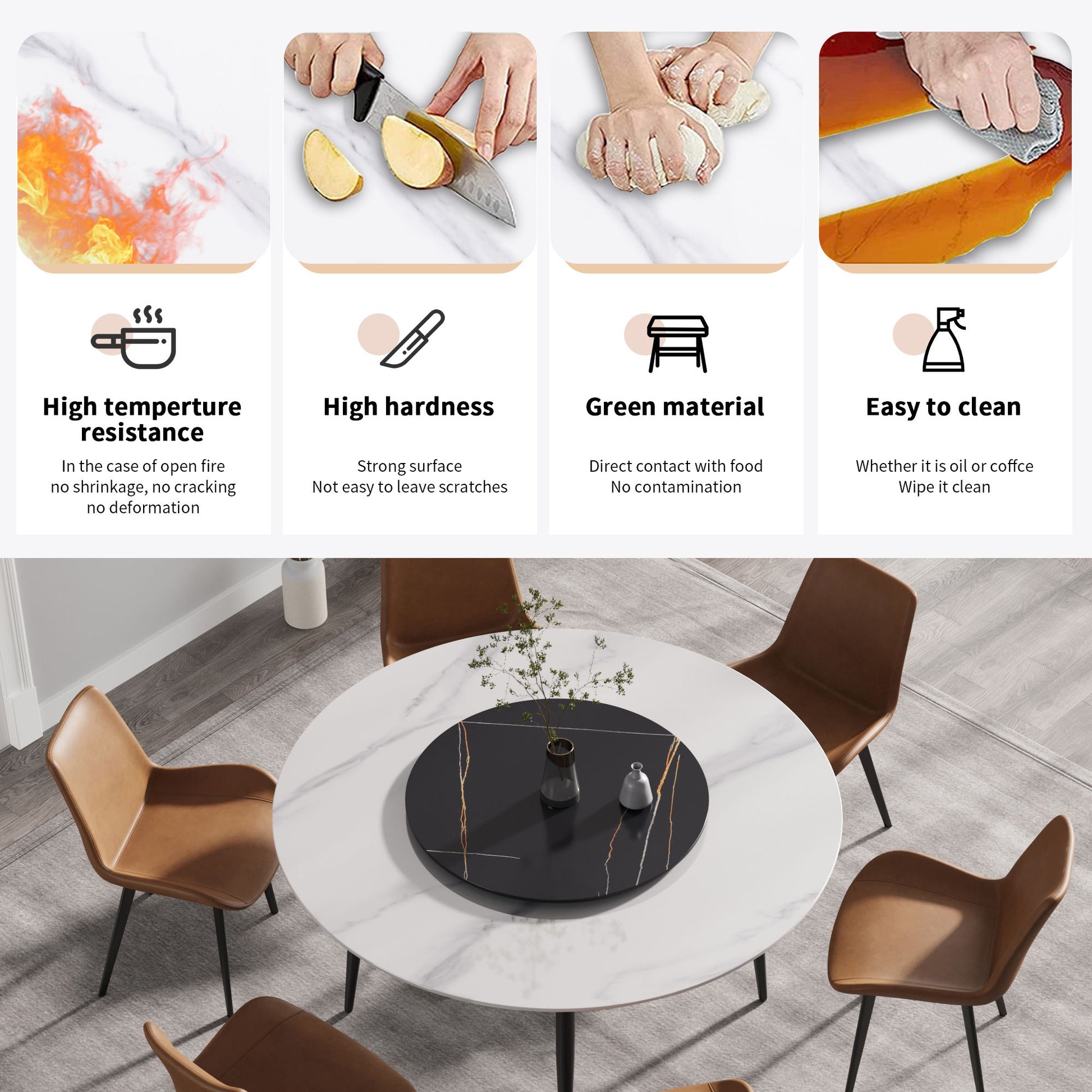 Modern Artificial Stone Round Dining Table, Can Accommodate 6 People Artificial Stone Turntable - Best Buy Furniture