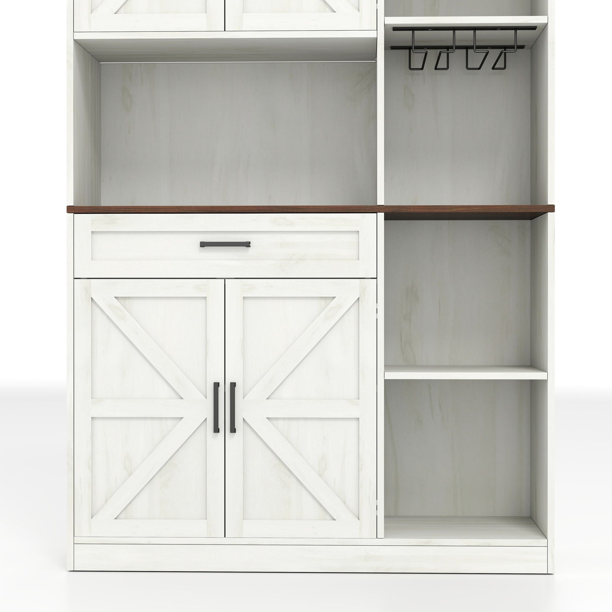 Farmhouse Kitchen Pantry Sideboard With Cabinet And Drawer, Multi Functional Kitchen Buffet With Hutch And Glass Holder, Microwave Stand With Charging Station - Brown / Antique White - Best Buy Furniture