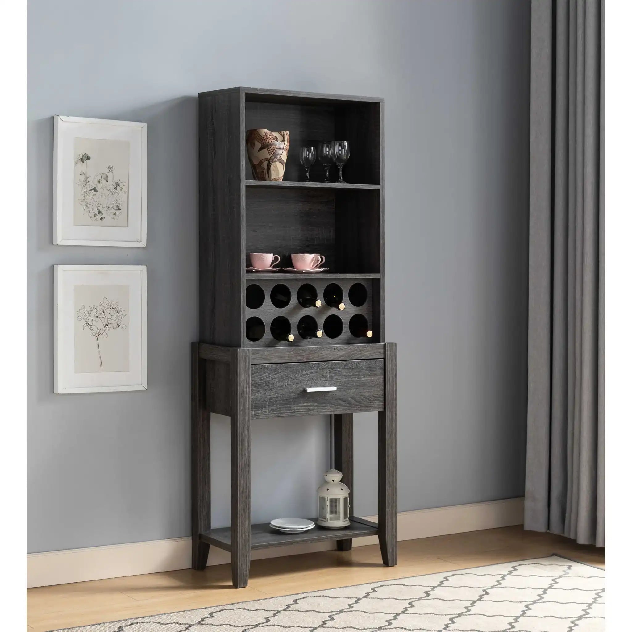 Wine Bar Cabinet, Kitchen Storage Cabinet With Drawer And Open Shelves - Distressed Gray - Best Buy Furniture