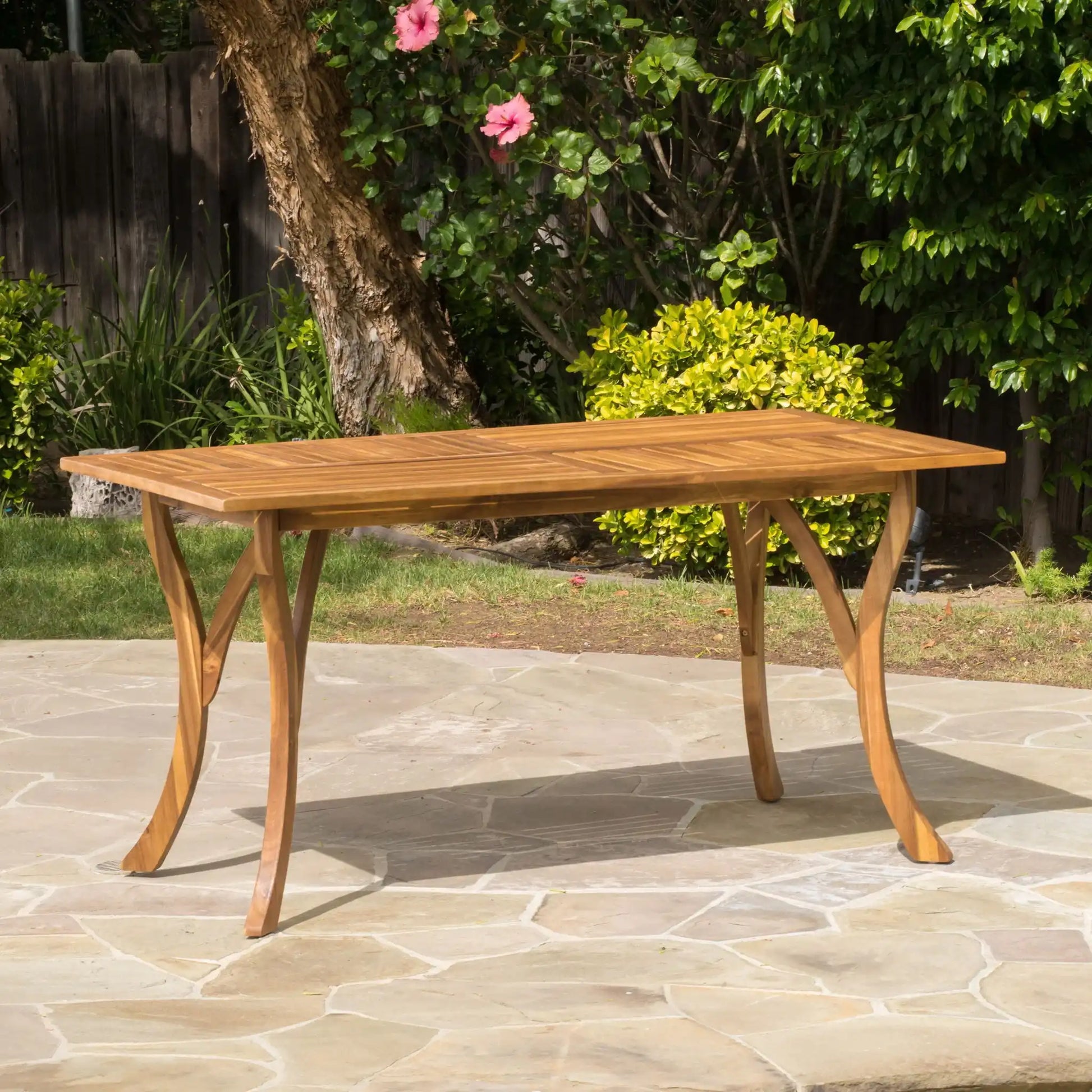 Outdoor Rectangular Table With Curved Legs And Perpendicular Wooden Slats Table Top - Best Buy Furniture