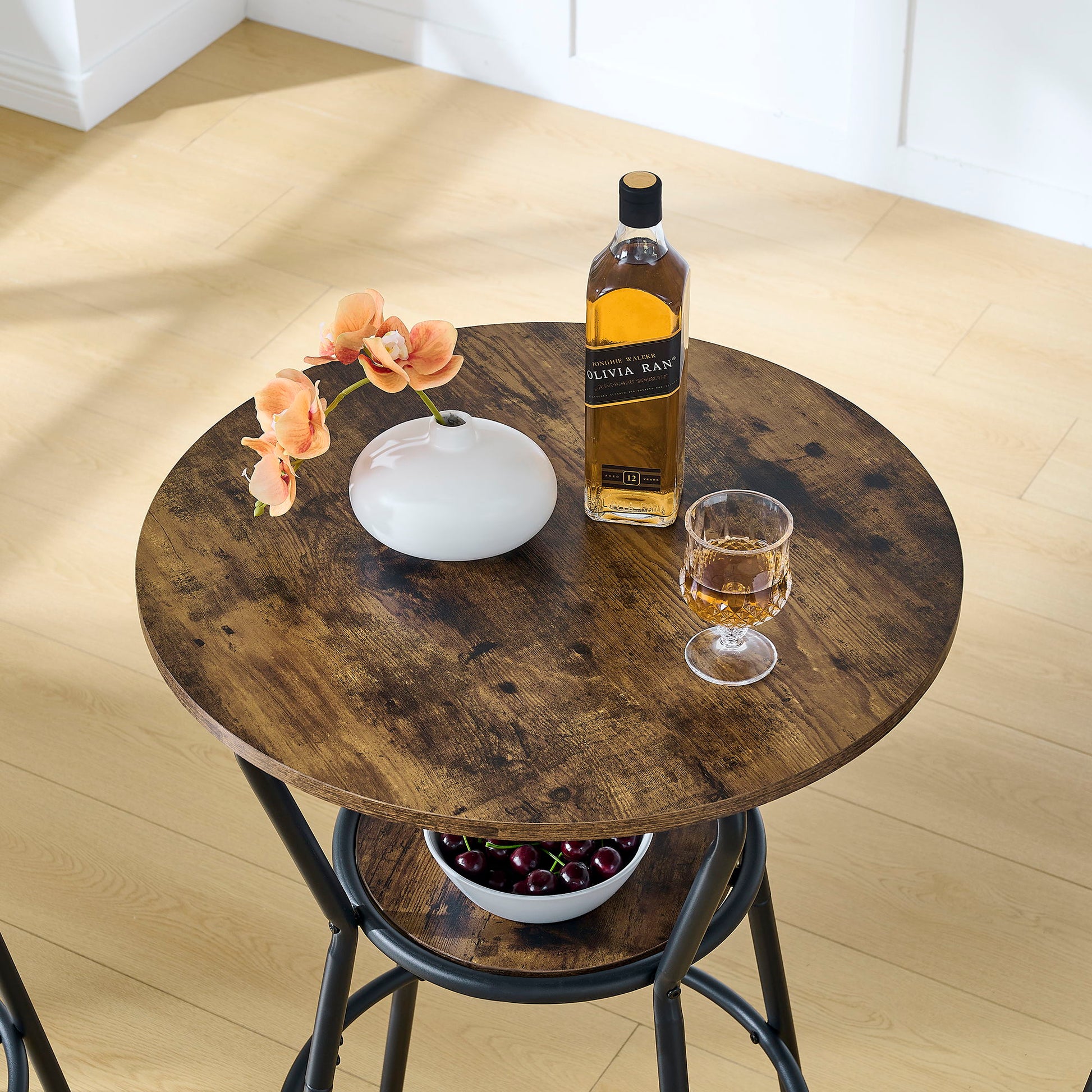 Rustic Brown Round Bar Table And Stool Set With Shelf, Upholstered Stool With Backrest - Antique Brown - Best Buy Furniture