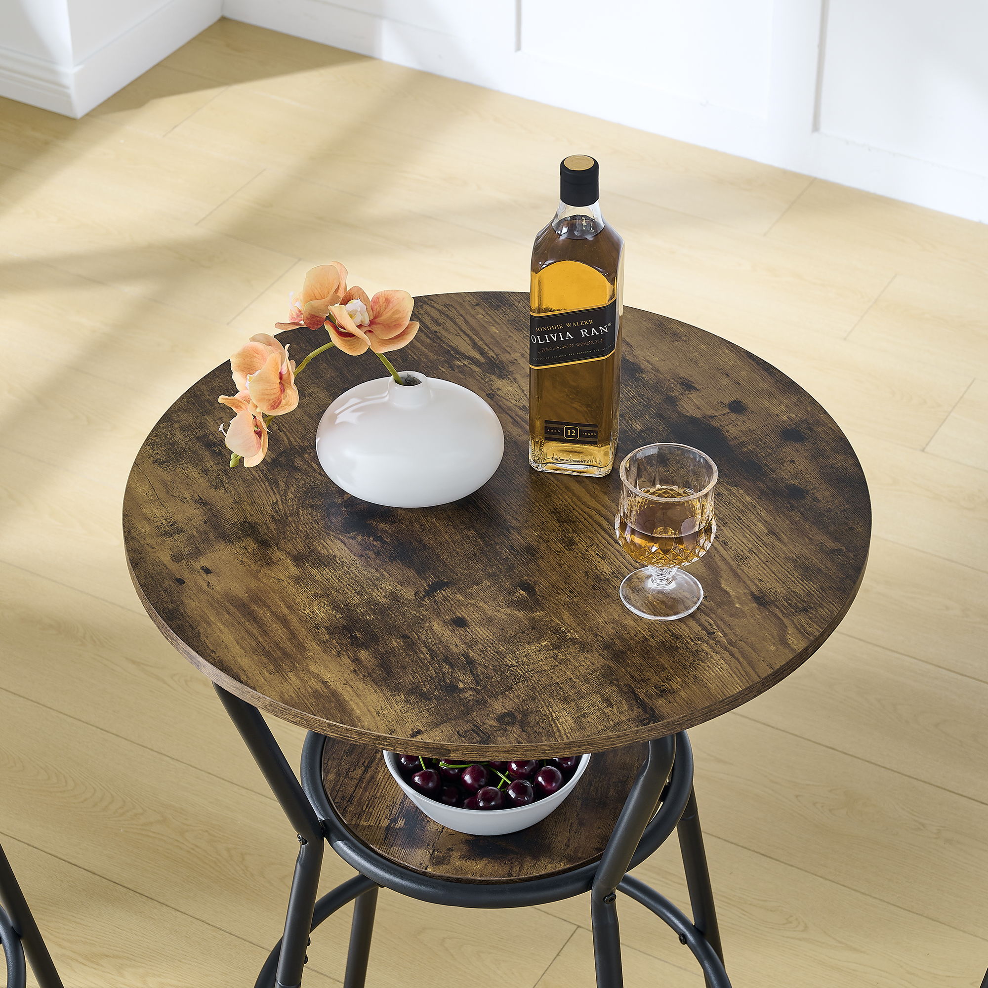 Rustic Brown Round Bar Table And Stool Set With Shelf, Upholstered Stool With Backrest - Antique Brown - Best Buy Furniture