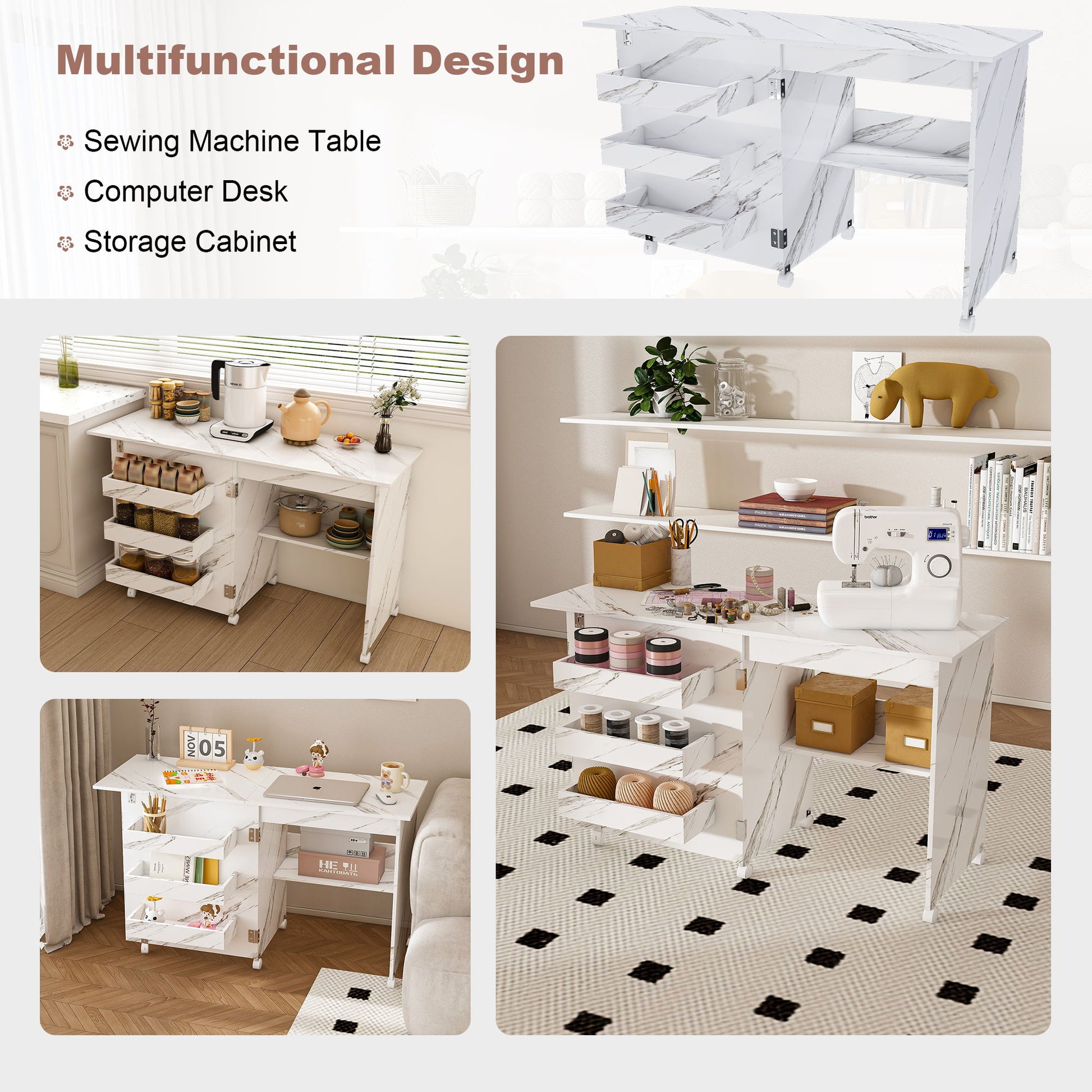 4 In 1 Folding Sewing Table With Lockable Wheels, Multi Functional Craft Station - White - Best Buy Furniture