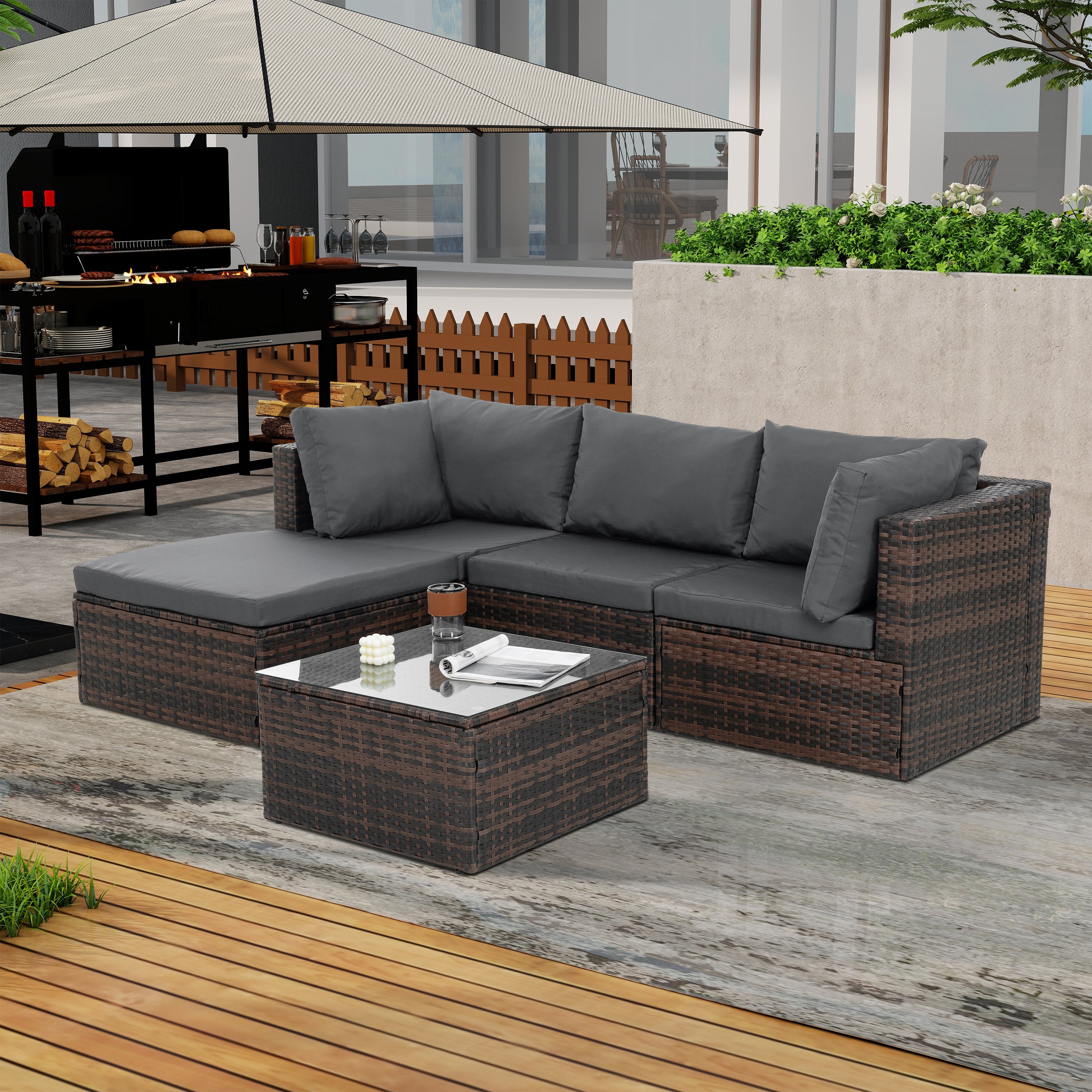 Patio Furniture, Outdoor Furniture, Seasonal PE Wicker Furniture, 5 Set Wicker Furniture With Tempered Glass Coffee Table - Best Buy Furniture