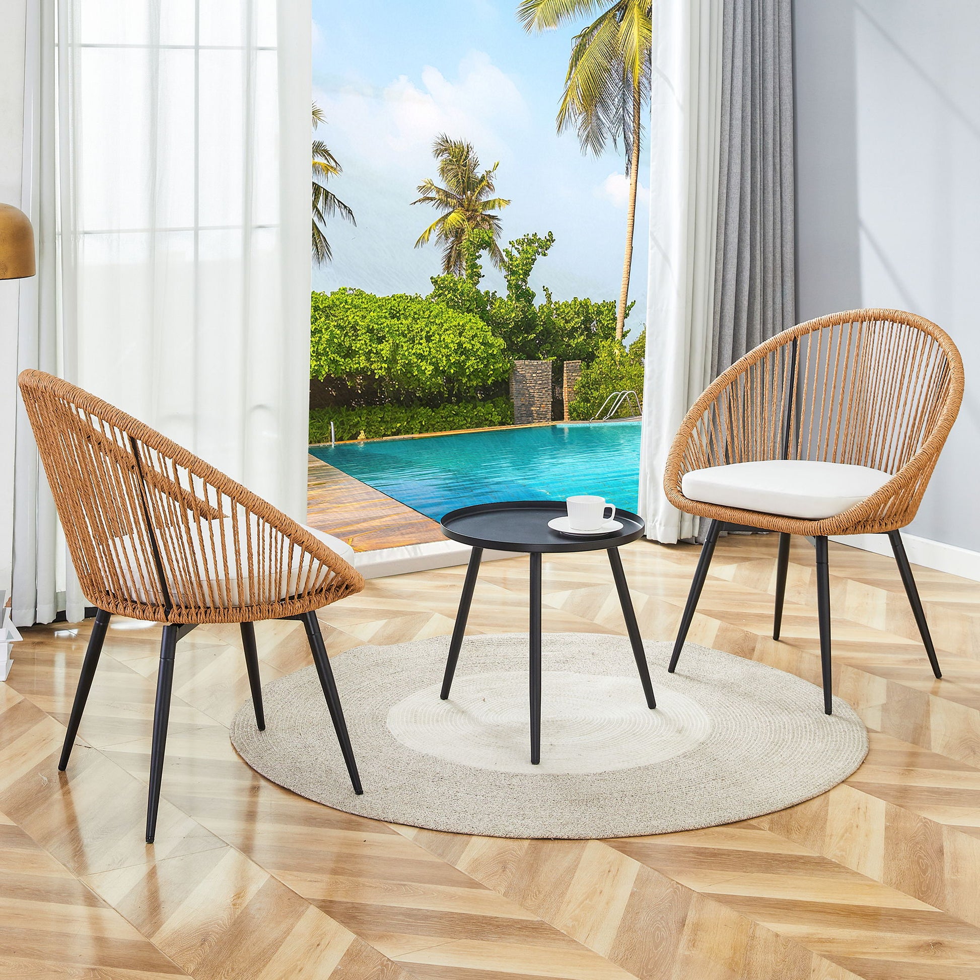 Modern 3 Piece Set, Anti - Spill Round Coffee Table, 2 Rattan Swivel Chairs, Outdoor Patio Furniture For Tea Time - Black / Wood - Best Buy Furniture