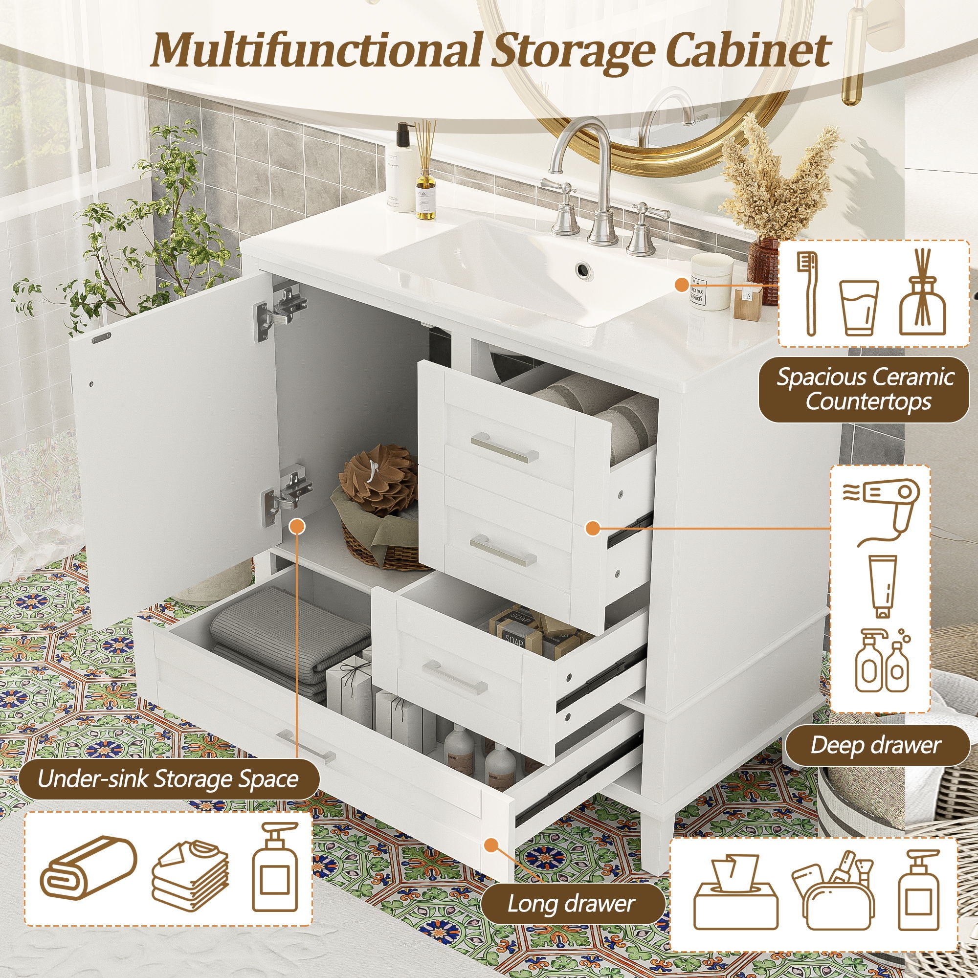 Bathroom Vanity, Modern Bathroom Cabinet With Sink Combo Set, Bathroom Storage Cabinet With A Soft Closing Door And 3 Drawers, Solid Wood Frame - Best Buy Furniture