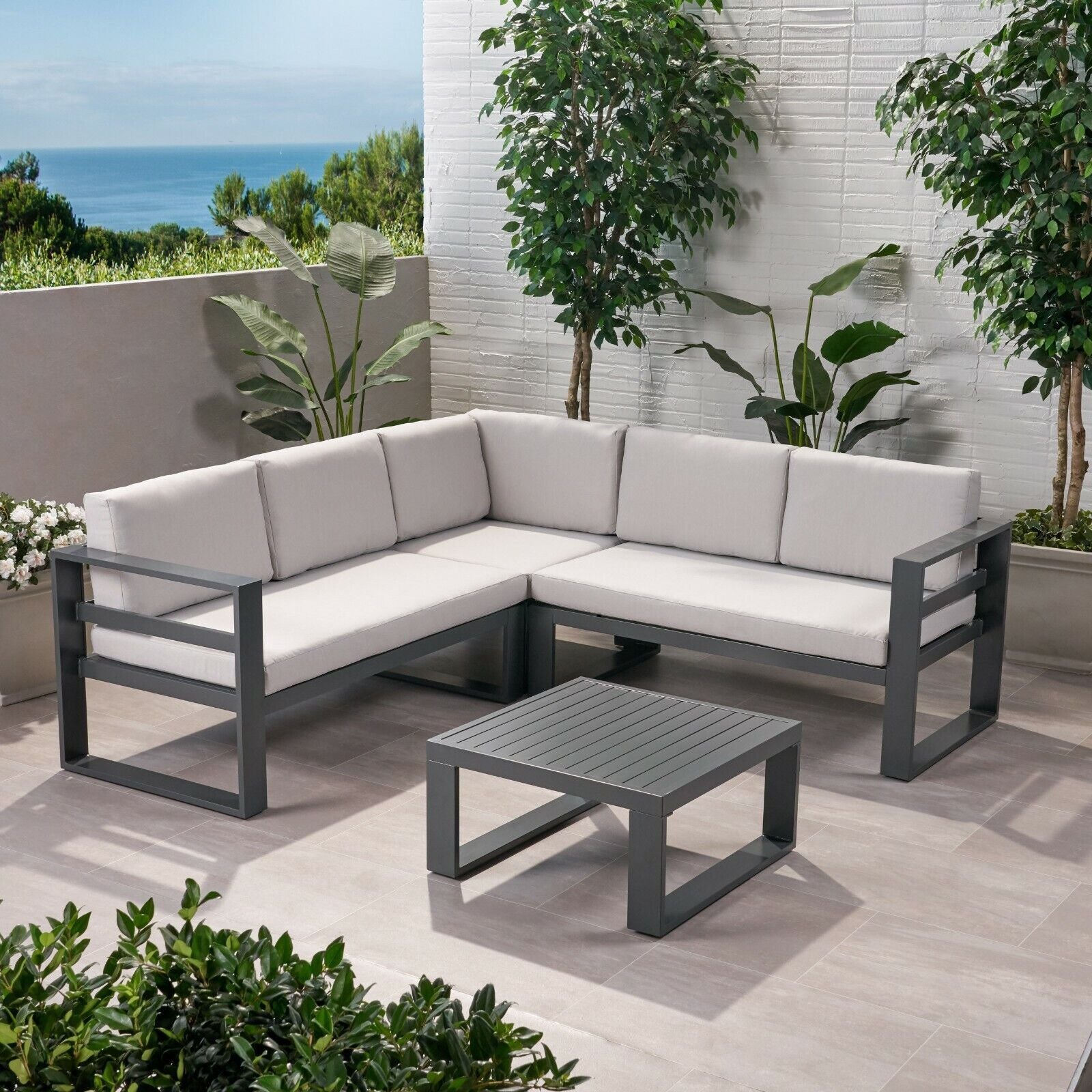Dursley - Outdoor Aluminum V Shape Sofa Sectional - Beige / Gray - Best Buy Furniture