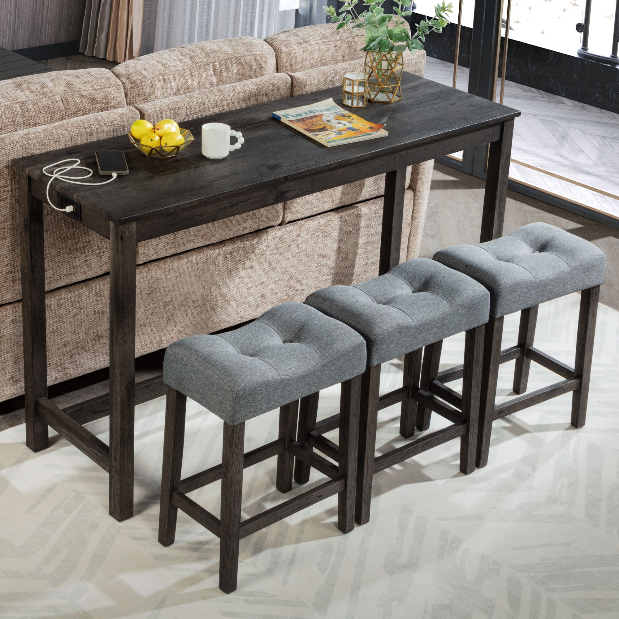 4 Piece Bar Table Set With Power Outlet, 3 Padded Stools - Best Buy Furniture