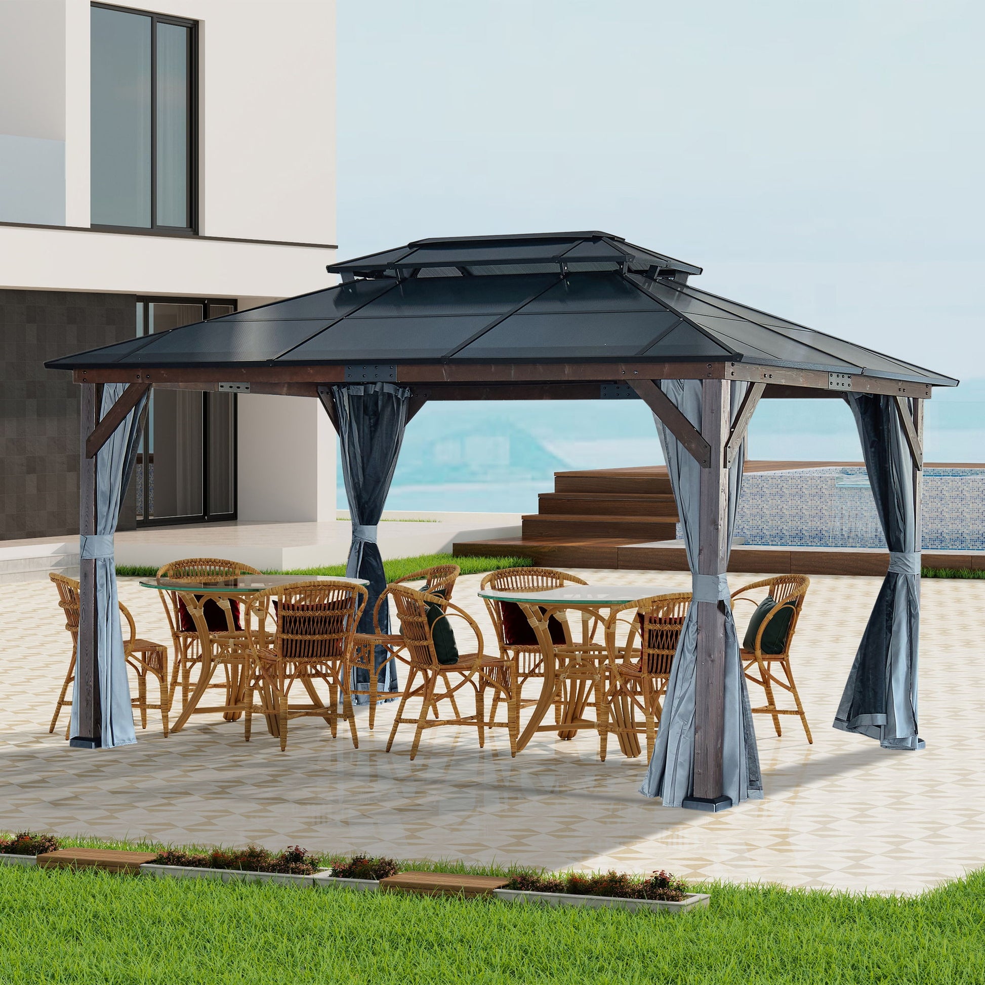 10' x 13' Hardtop Wood Gazebo For Patios, Outdoor Framed Gazebo With Polycarbonate Double Roof Canopy, Solid Wooden Framed Gazebo With Privacy Curtains And Mosquito Nettings For Garden, Backyard - Black - Best Buy Furniture