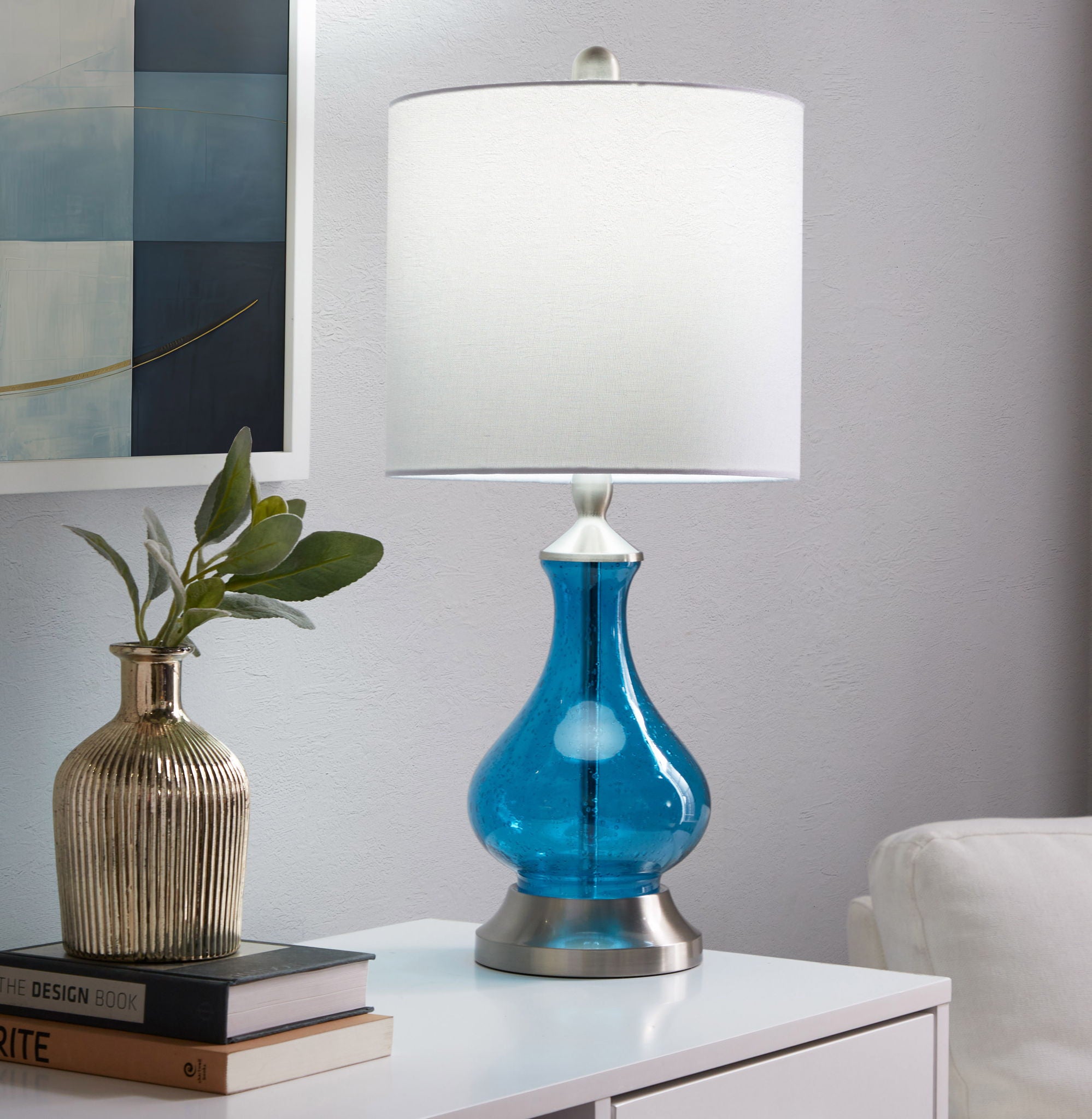 Jasmine - Contemporary Lamp - Clear Sapphire Blue Seeded / Nickel / White - Best Buy Furniture