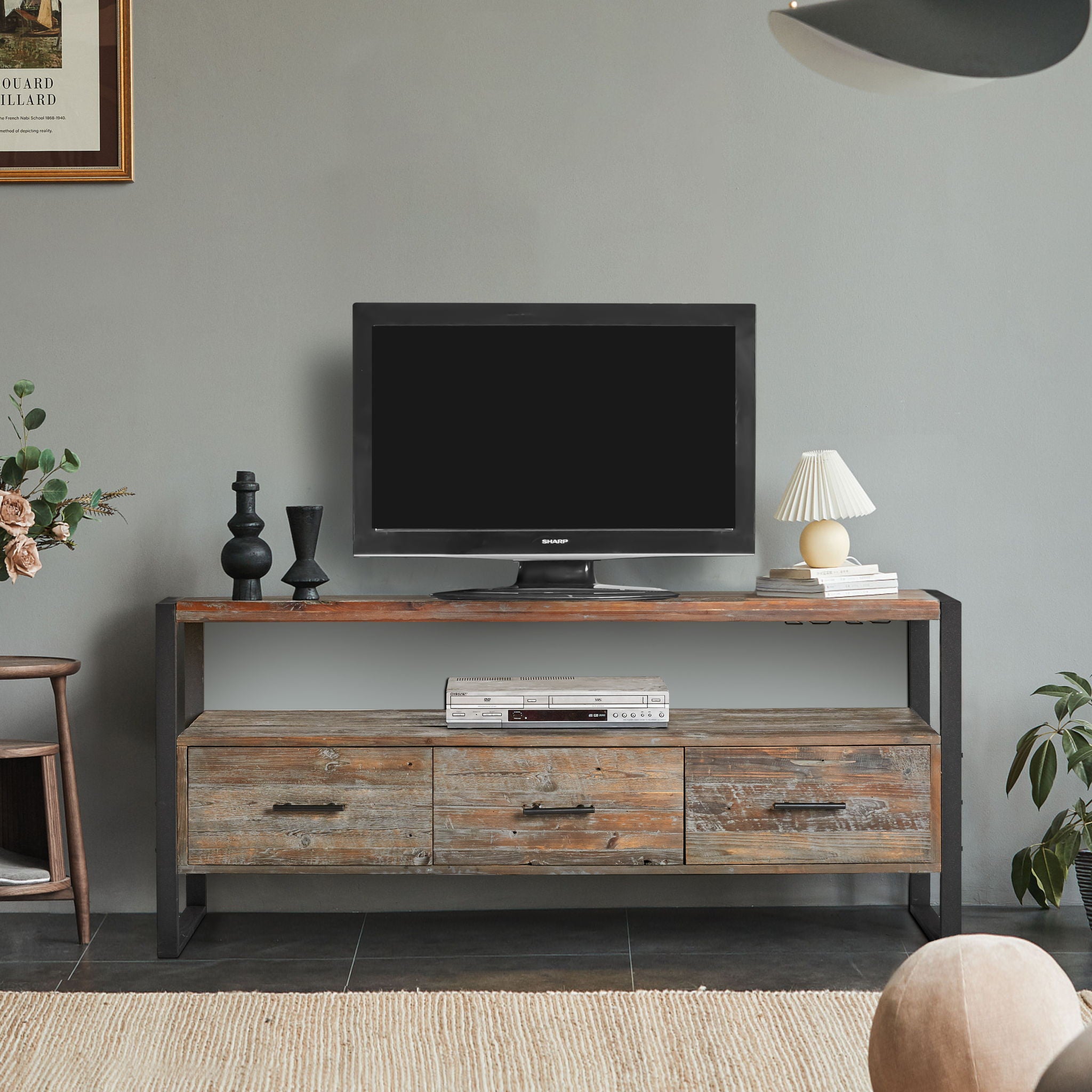 Reclaimed Wood Media TV Console Table With 3 Drarwer, Open Shelf - Antique Gray - Best Buy Furniture