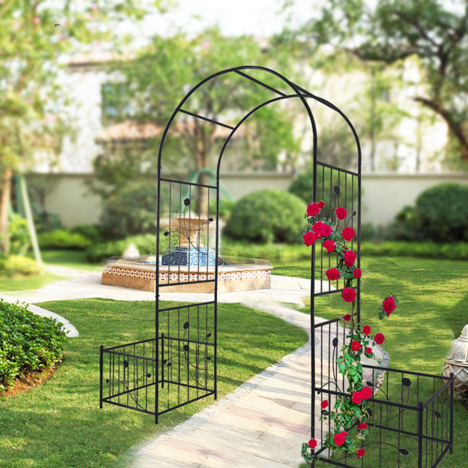 Metal Garden Arch With Two Plant Stands Wide High Climbing Plants Support Rose Arch Outdoor - Black - Best Buy Furniture