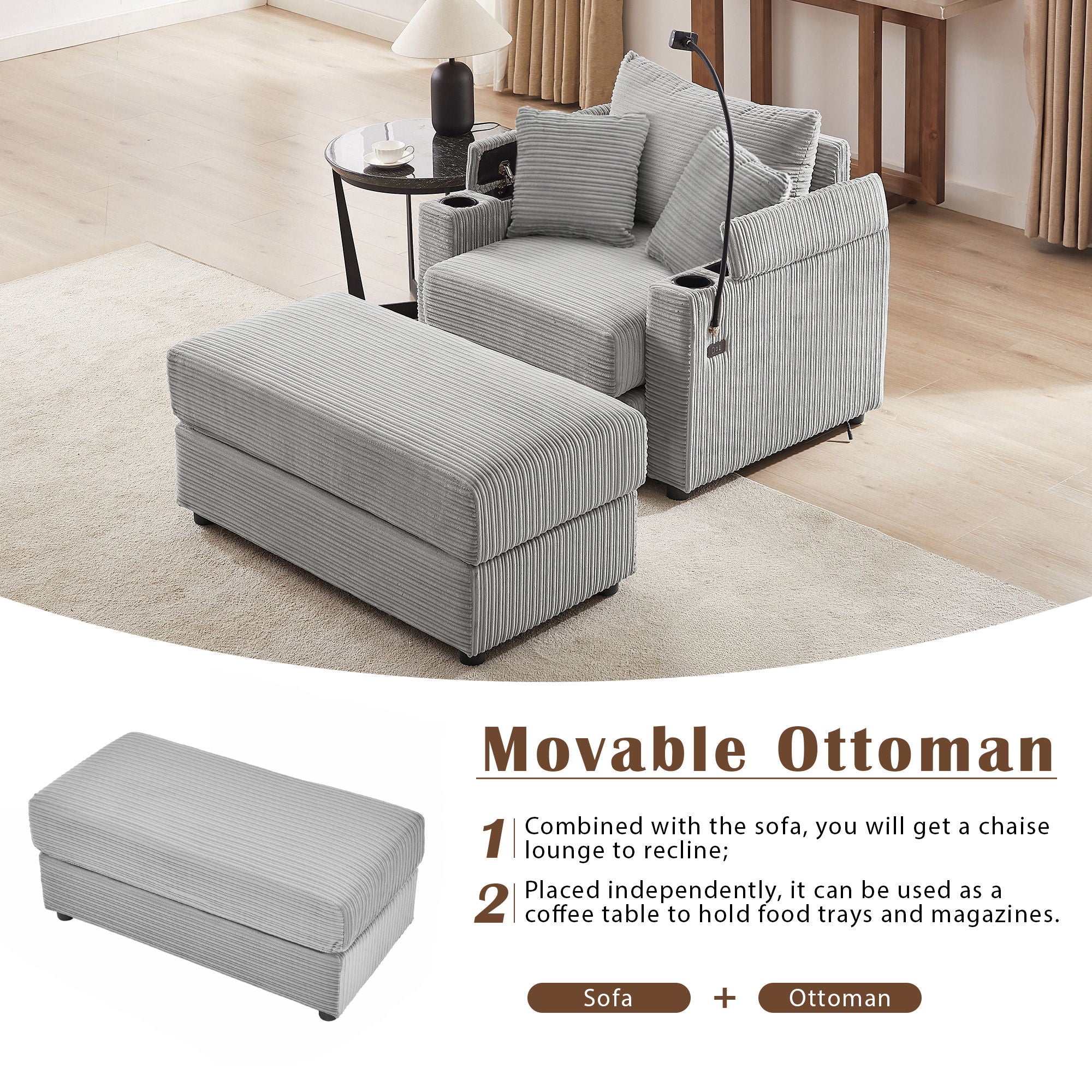 Modern Style Loveseat Sofa Sectional Sofa Couch With Storage Space, A Movable Ottoman, Two USB Ports, Two Cup Holders, A Phone Holder For Living Room - Best Buy Furniture