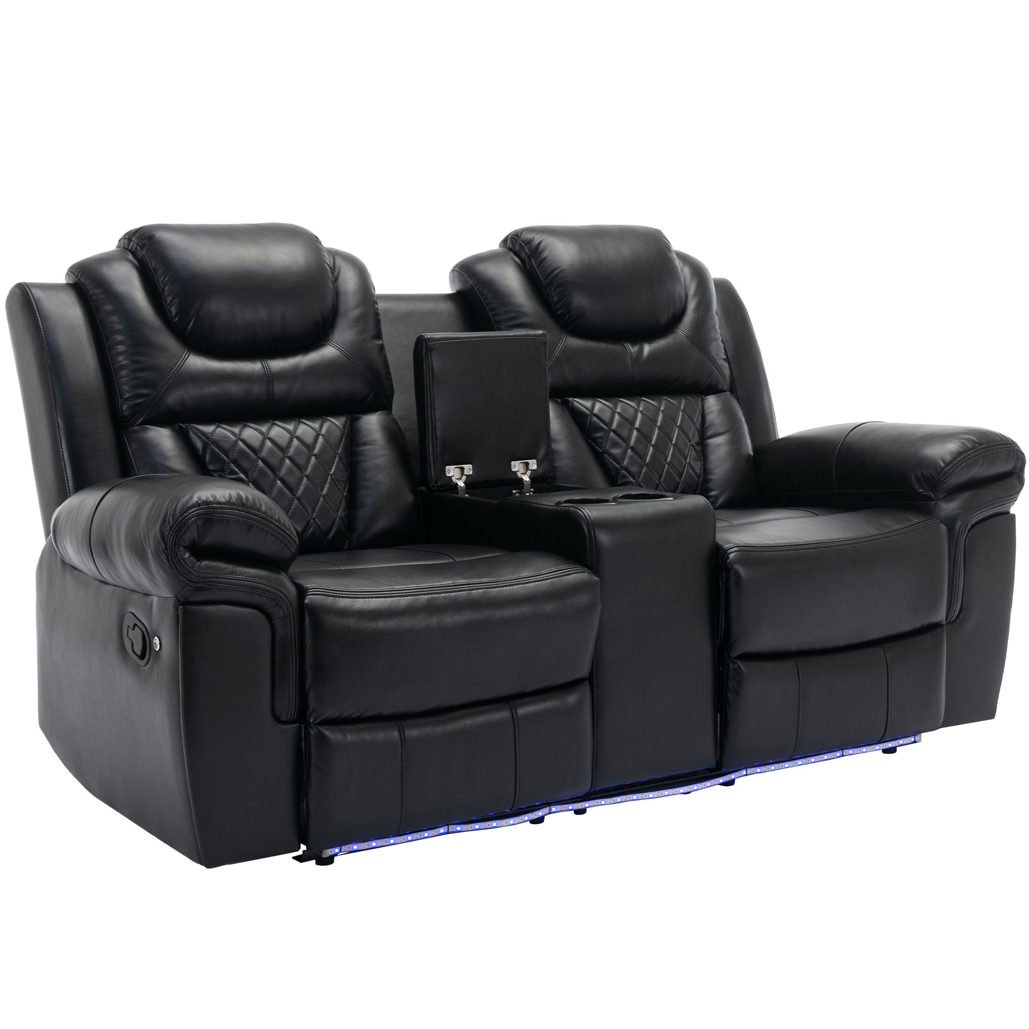 Home Theater Seating Manual Recliner Loveseat With Hide-Away Storage, Cup Holders And Led Light Strip For Living Room - Best Buy Furniture