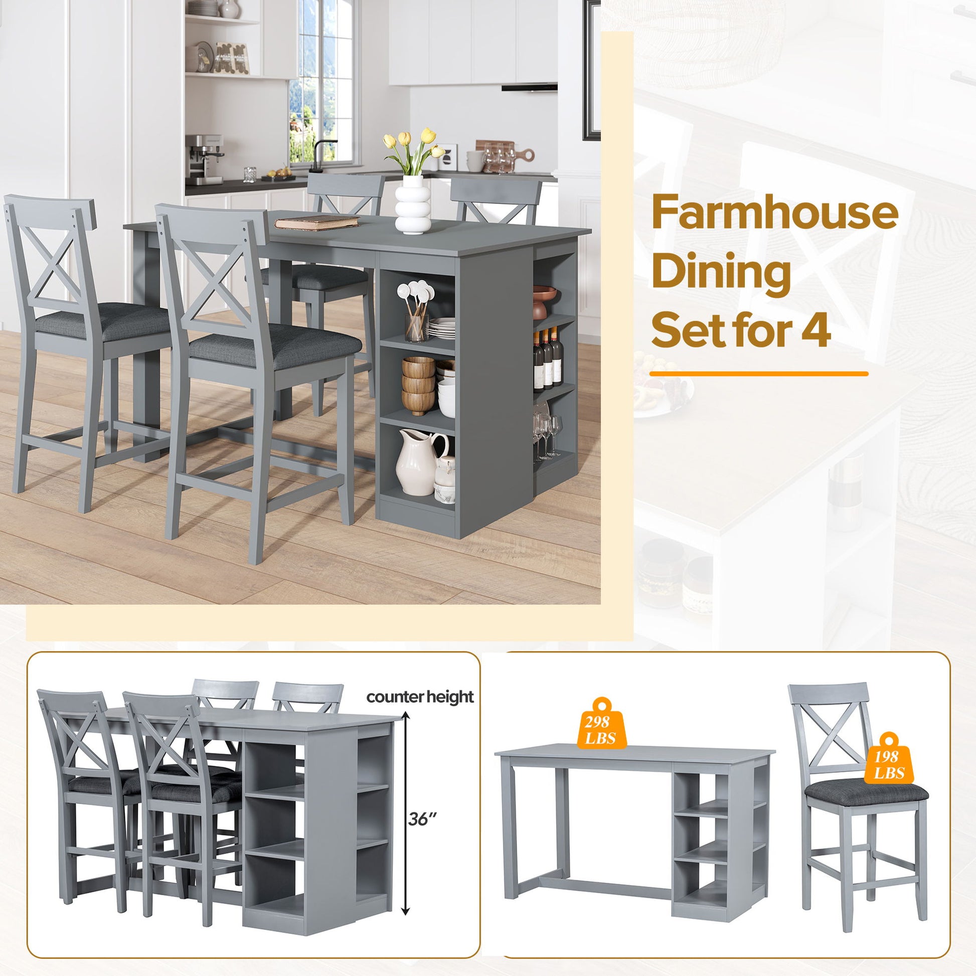 Solid Wood Farmhouse Counter Height Dining Table Set With 3 Tier Storage Shelves - Best Buy Furniture