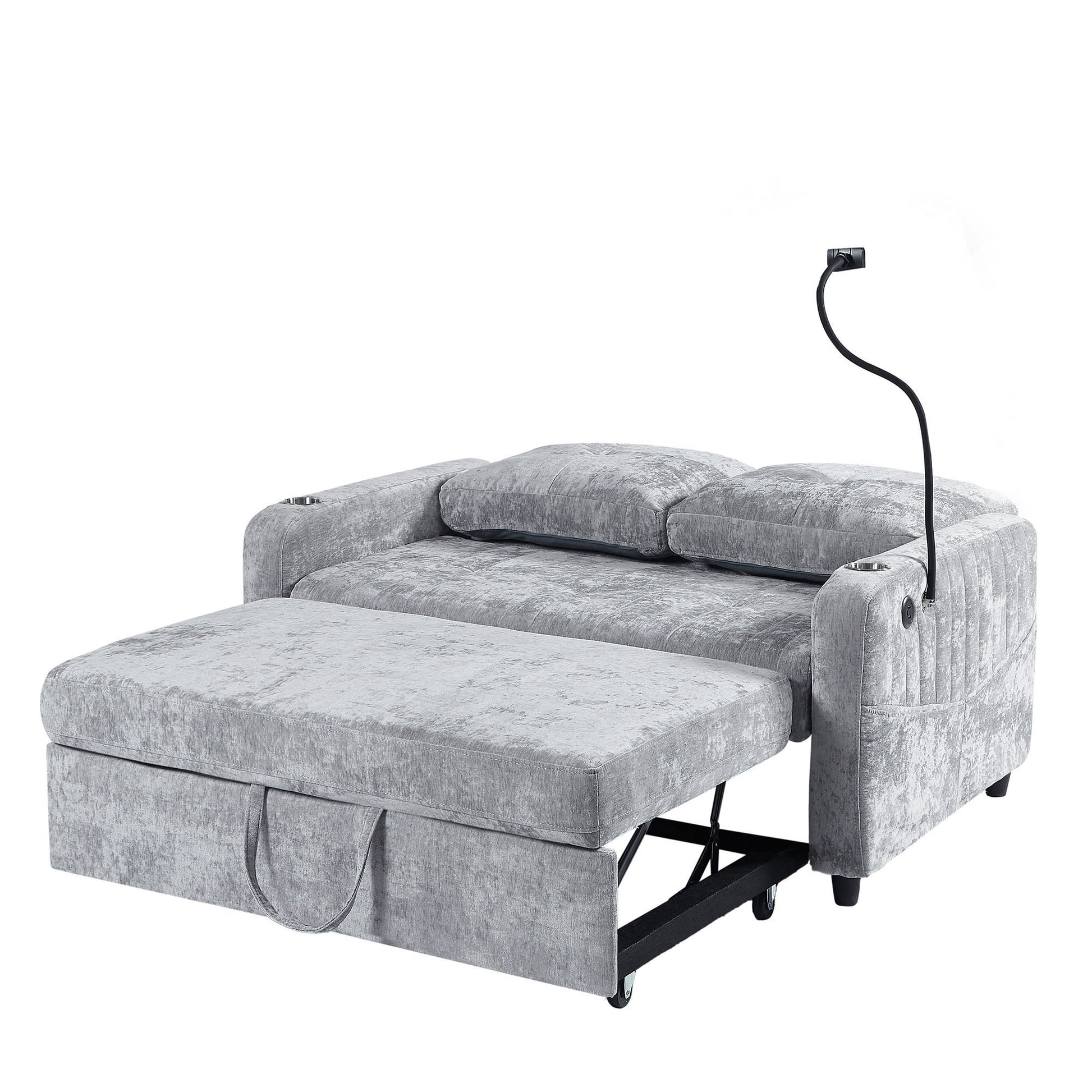Modern Loveseat Pull Out Sofa Bed With Adjustable Backrest, Two Cup Holders, A Phone Holder, Three Charging Ports And Side Storage Pockets For Living Room - Best Buy Furniture