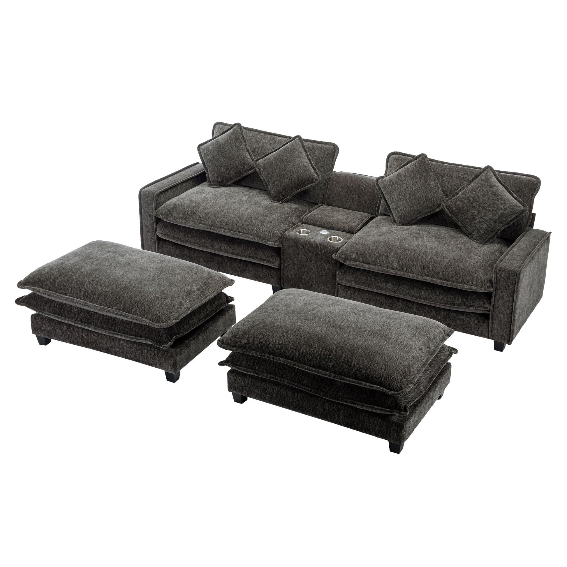 Sectional Sofa Chenille Upholstered Sofa With Two Removable Ottoman, Two USB Ports, Two Cup Holders And Large Storage Box For Living Room - Best Buy Furniture