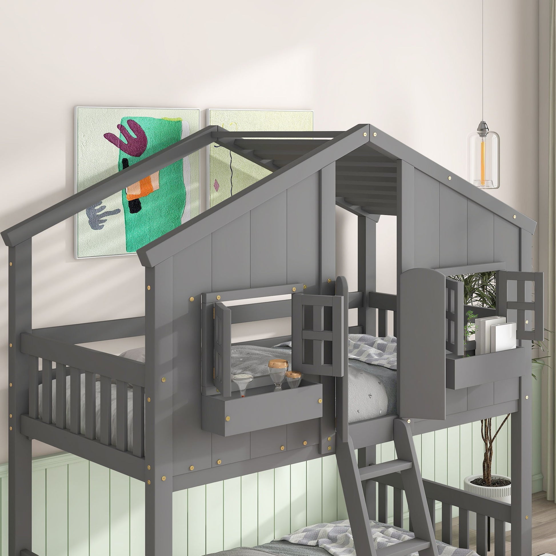 House Bunk Bed With Roof, Window, Window Box, Door, With Safety Guardrails And Ladder - Best Buy Furniture