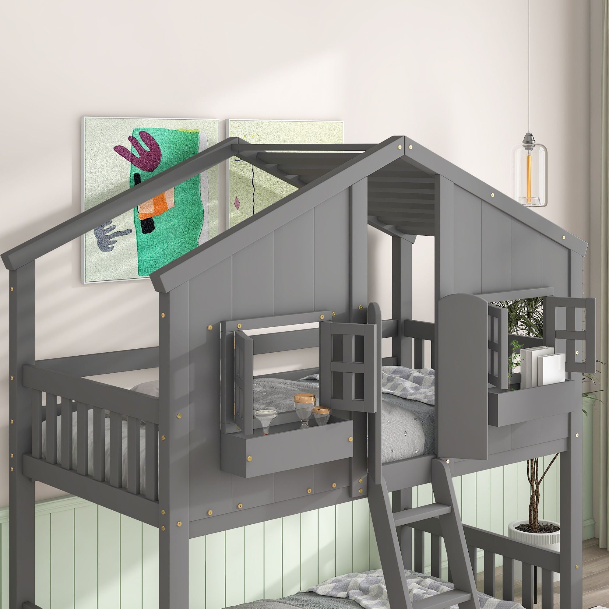 House Bunk Bed With Roof, Window, Window Box, Door, With Safety Guardrails And Ladder - Best Buy Furniture