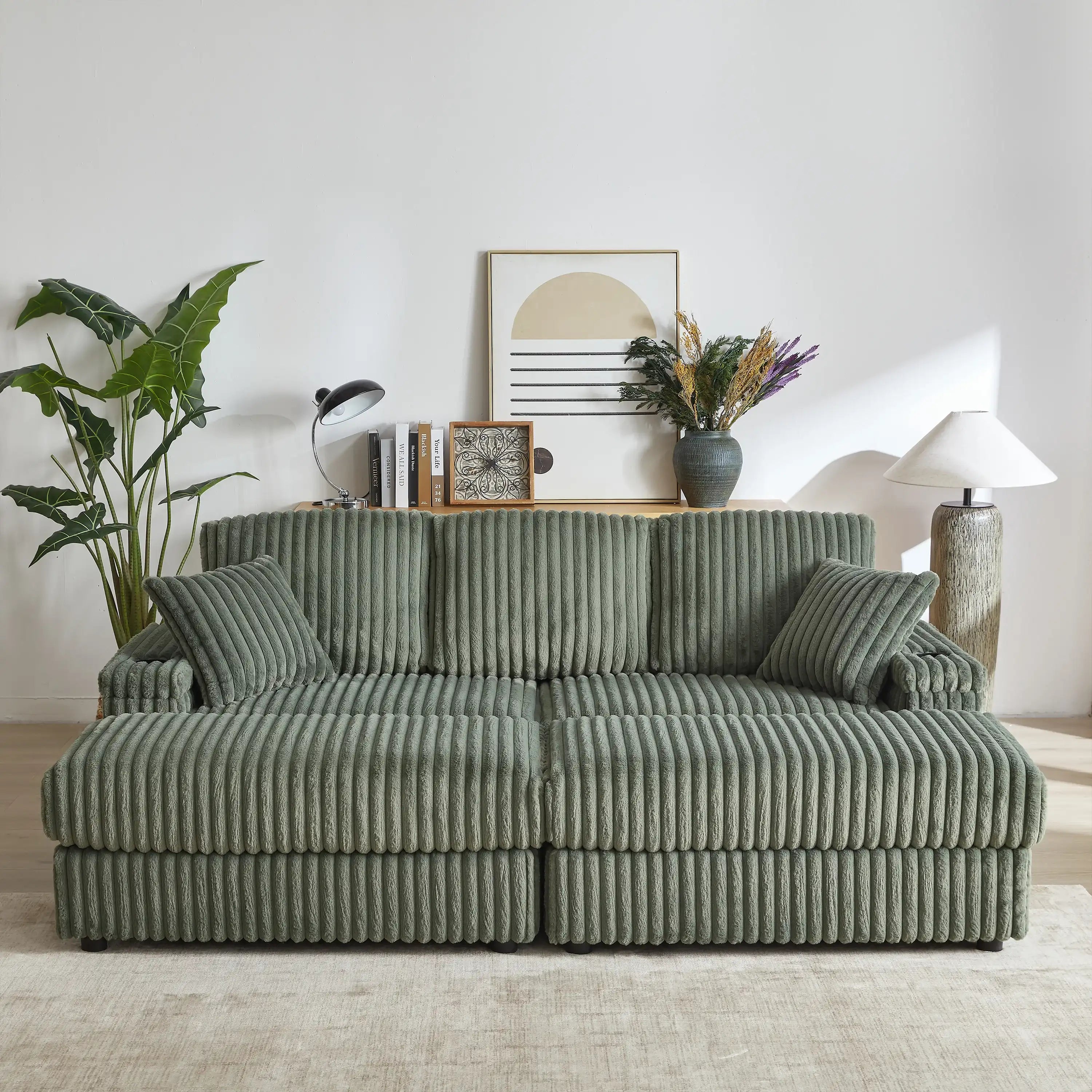 Xena Modern Corduroy Sofa With Cupholders with Storage And Ottomans - Best Buy Furniture
