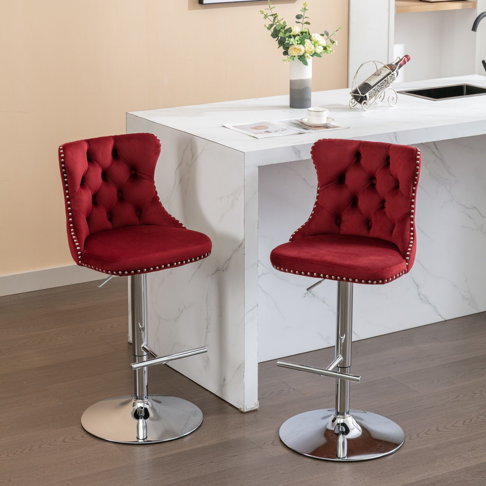 Swivel Velvet Barstools Adjusatble Seat Height From 25-33", Modern Upholstered Chrome Base Bar Stools With Backs Comfortable Tufted For Home Pub And Kitchen Island (Set of 2) - Best Buy Furniture