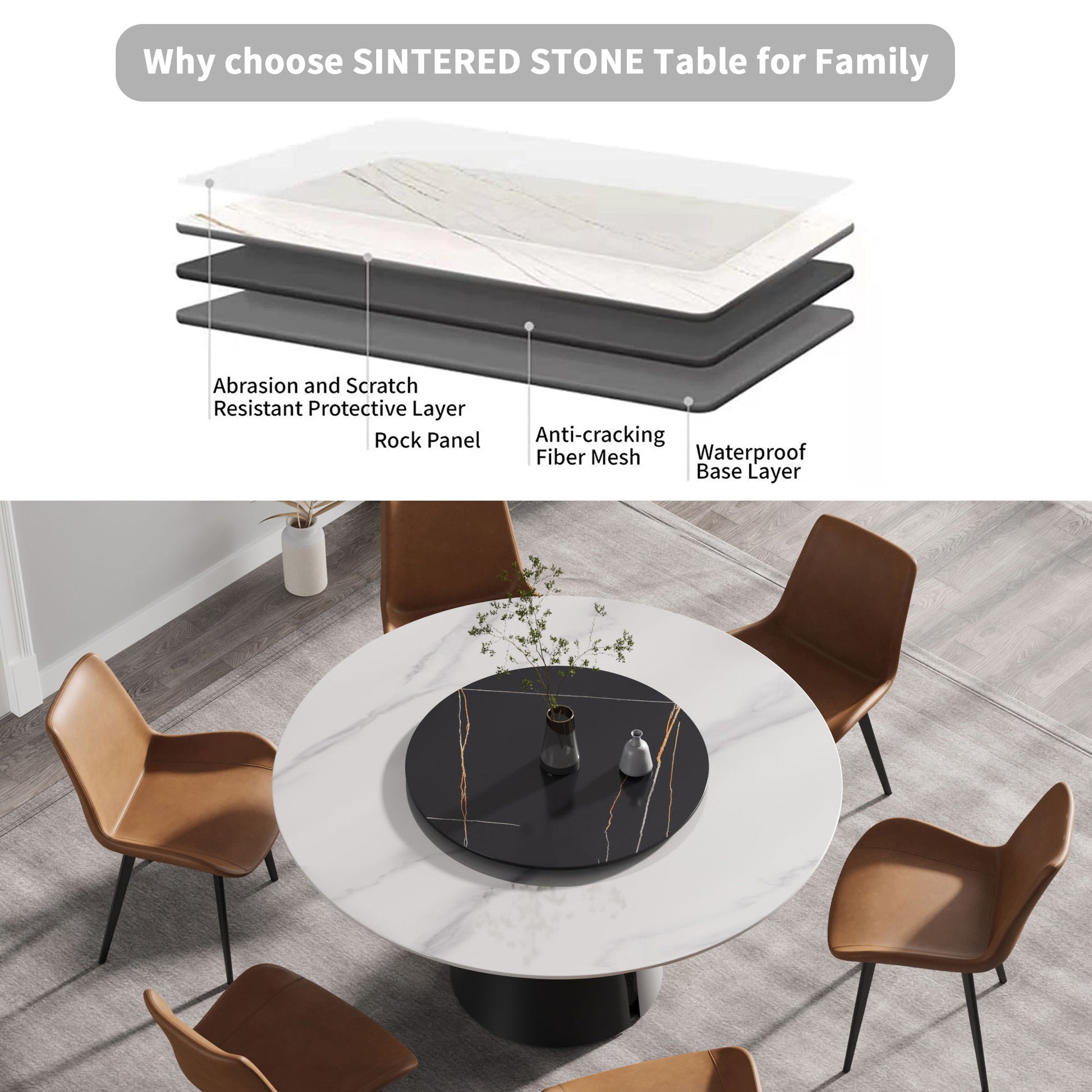 Modern Artificial Stone Round Carbon Steel Base Dining Table, Can Accommodate 6 People, Black Artificial Stone Turntable - Best Buy Furniture