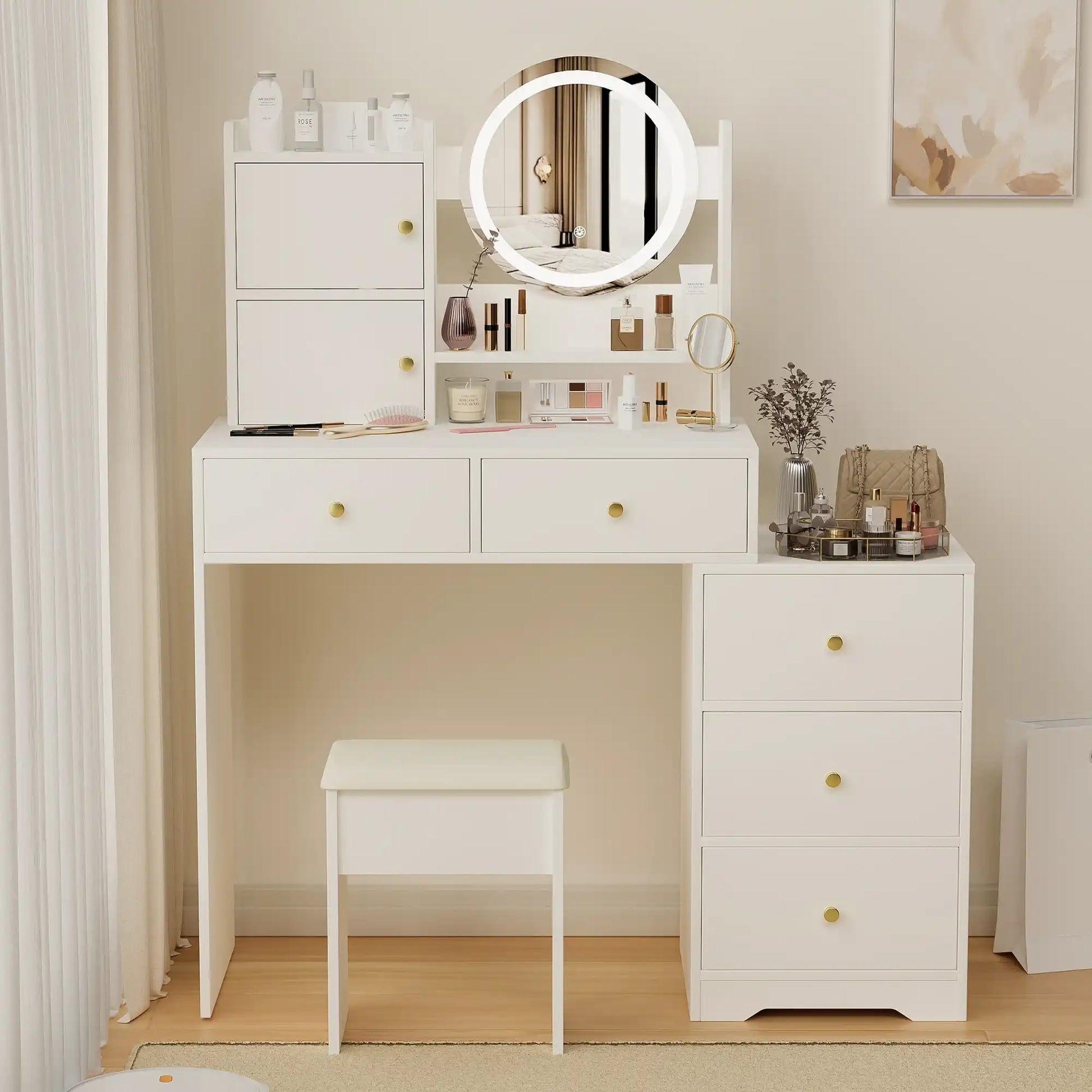 Vanity Desk Set with Mirror and Lights, White - Best Buy Furniture