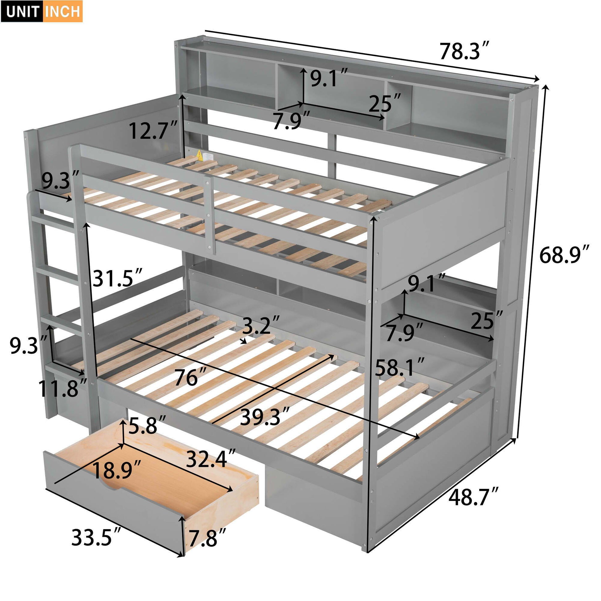 Twin Size Bunk Bed With Built-In Shelves Beside Both Upper And Down Bed And Storage Drawer - Best Buy Furniture