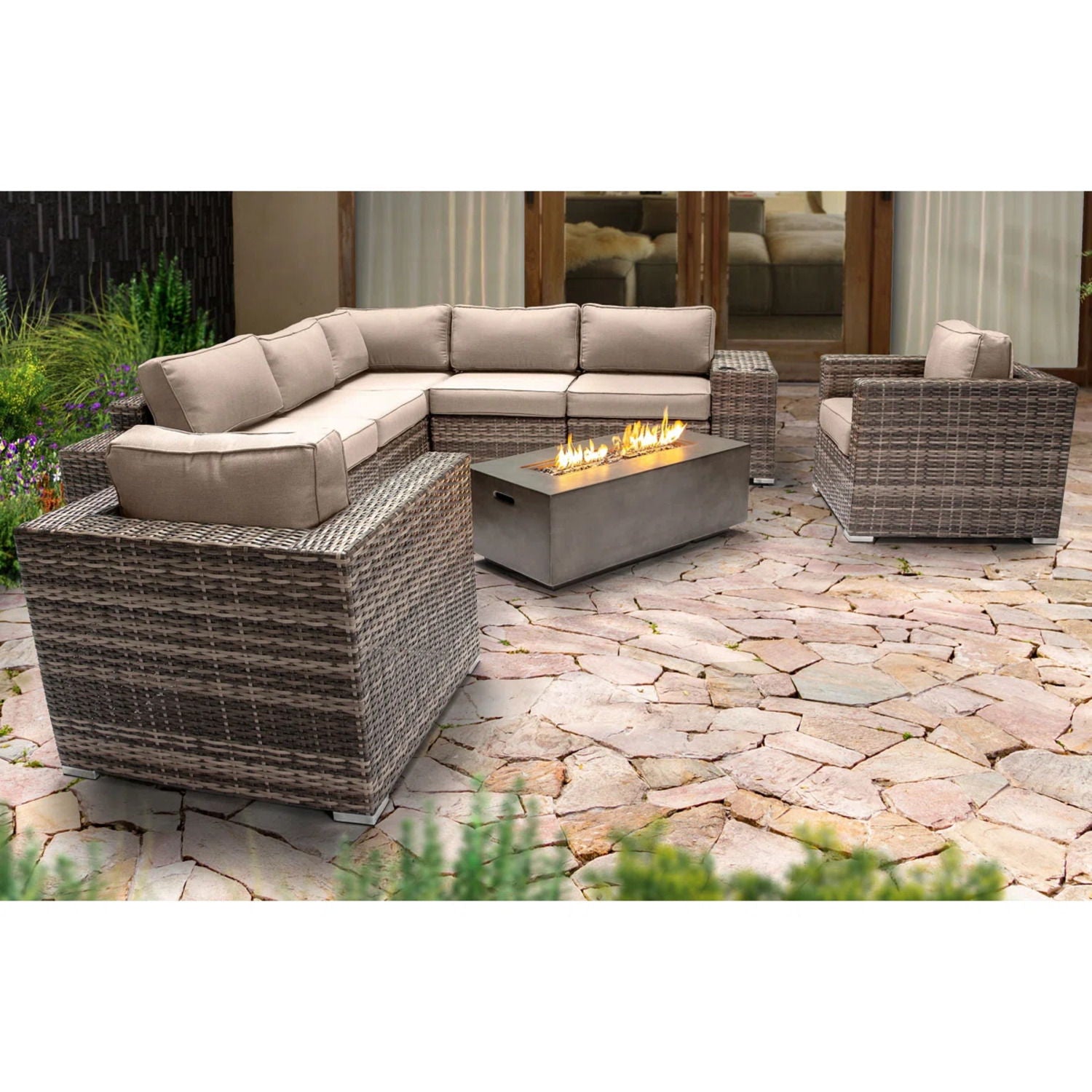 Rattan Wicker Patio Set With Cushions And Concrete Fire Pit - Best Buy Furniture