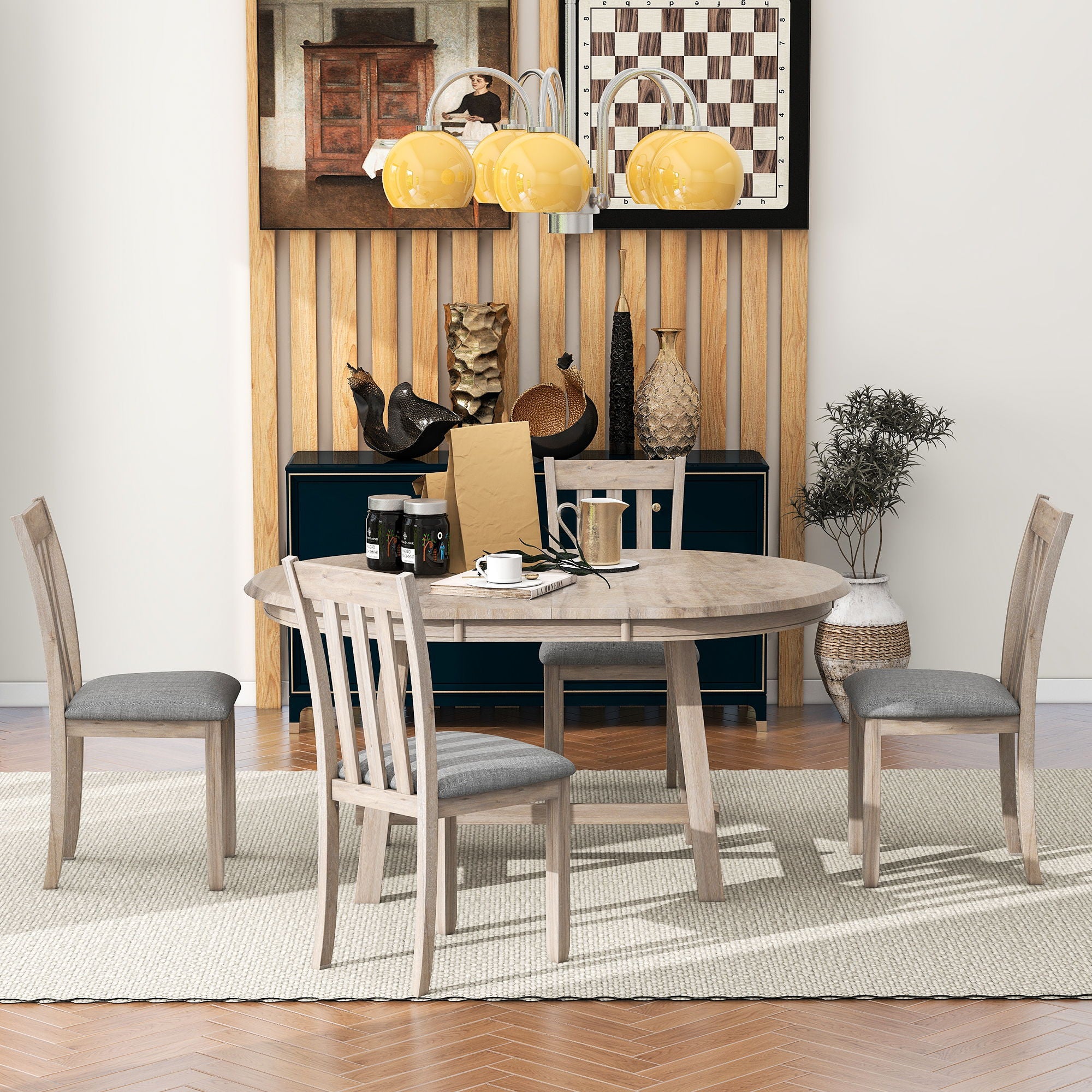 5 Piece Wood Dining Table Set With Extendable Round Table And 4 Chairs - Best Buy Furniture