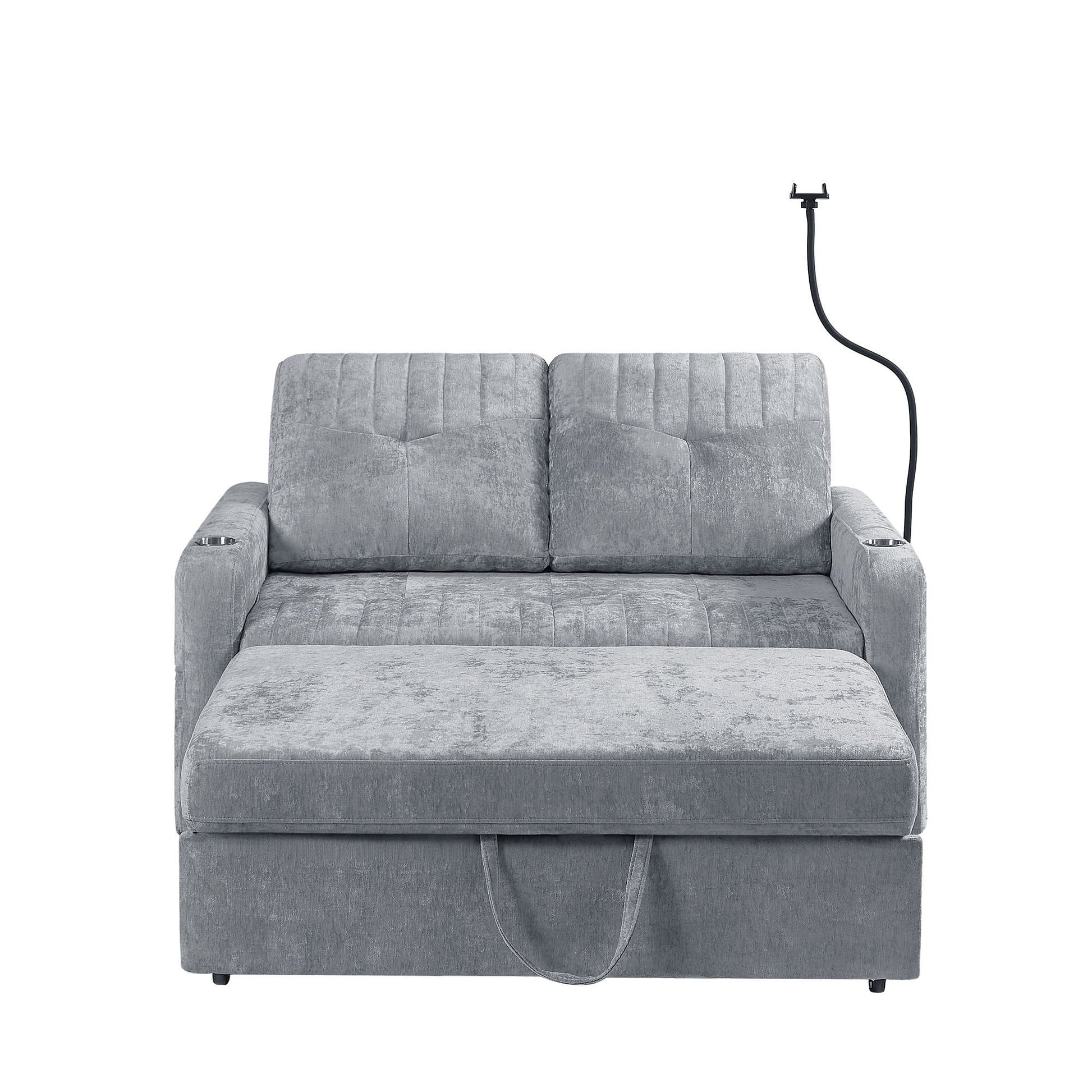Modern Loveseat Pull Out Sofa Bed With Adjustable Backrest, Two Cup Holders, A Phone Holder, Three Charging Ports And Side Storage Pockets For Living Room - Best Buy Furniture