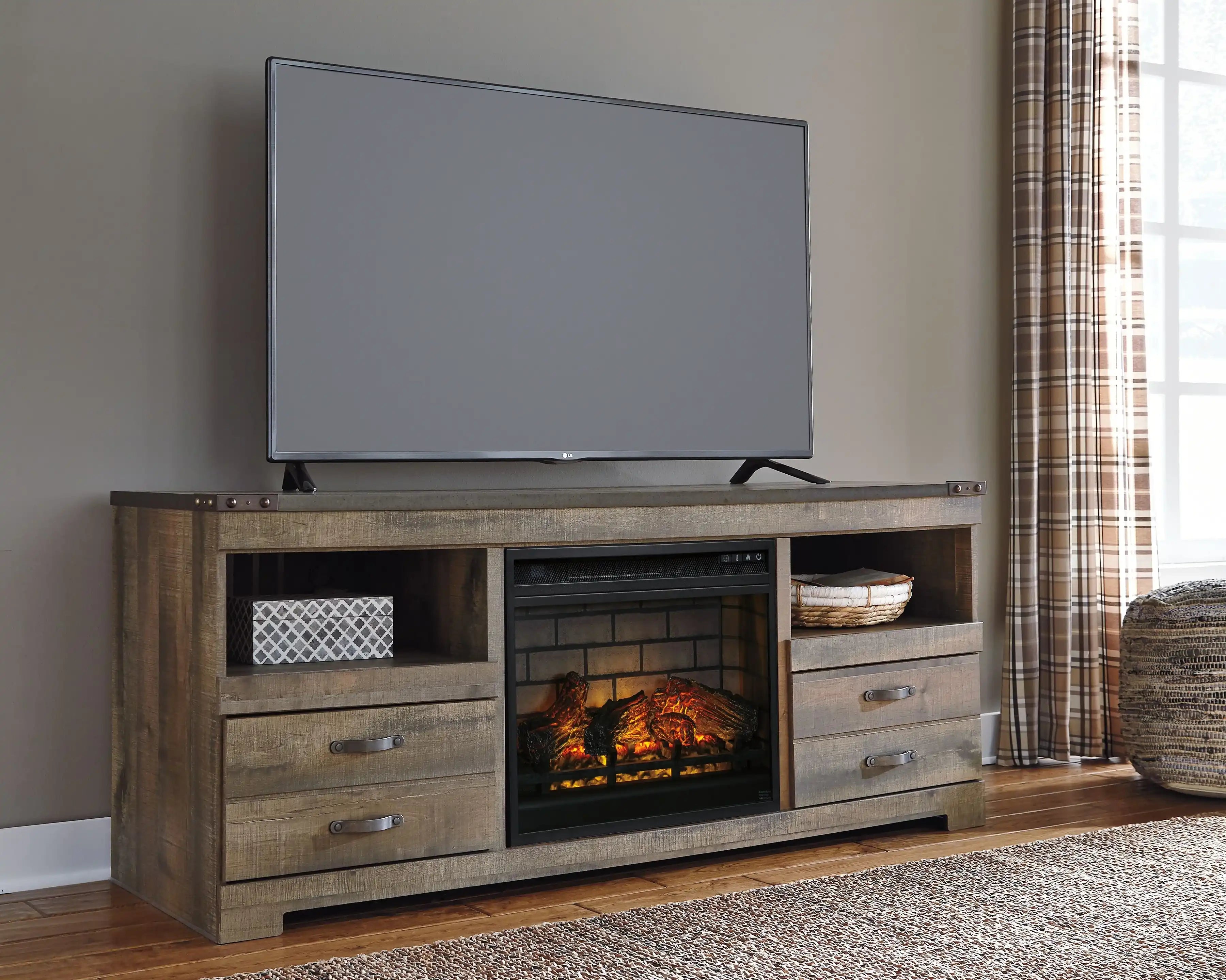 Trinell - 63" TV Stand With Glass/Stone Fireplace Insert - Brown - Best Buy Furniture