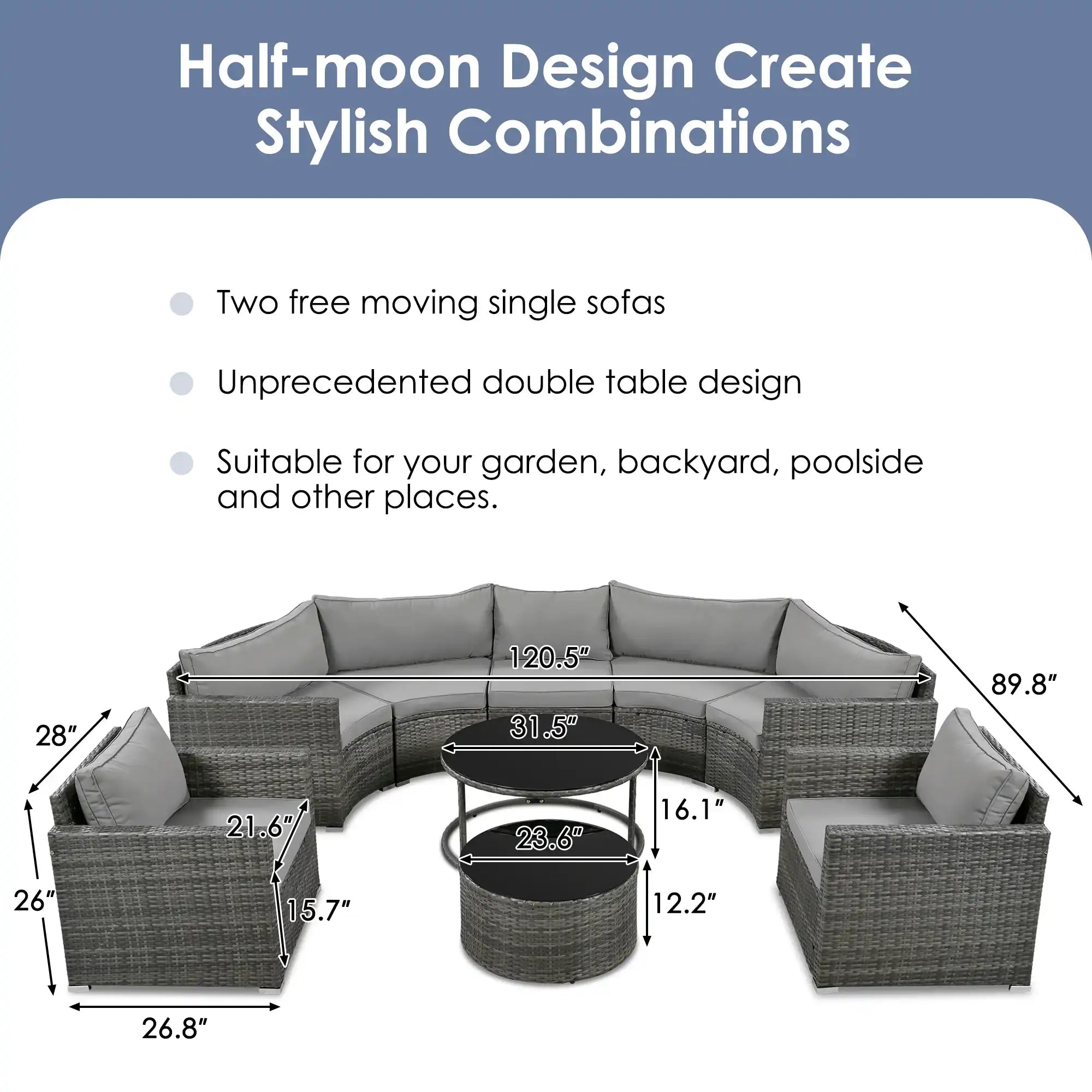 GO 9-Pieces Outdoor Half-moon Patio Sofa Set, Round Sofa Set, Modern Style Sofa, Gray Wicker - Best Buy Furniture