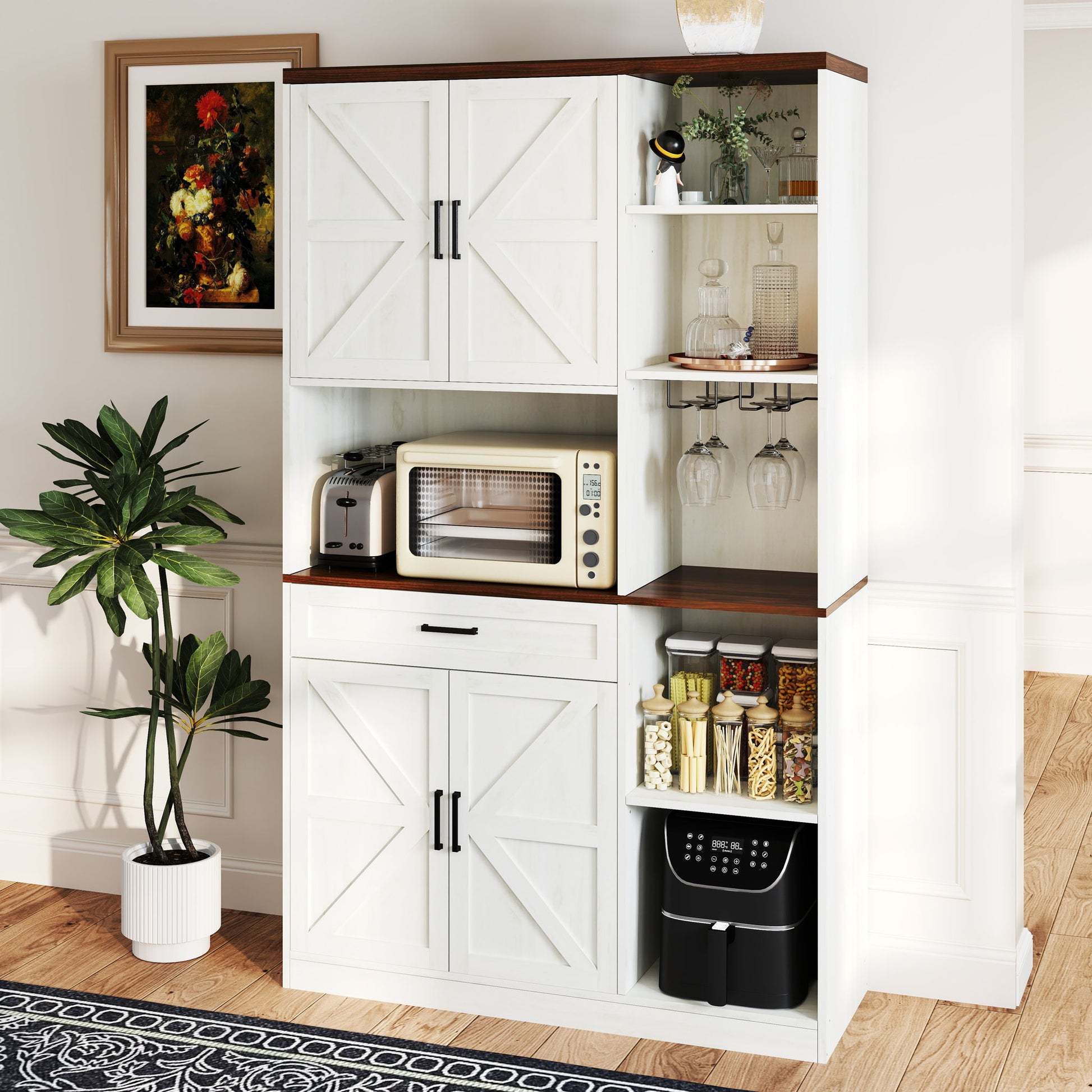 Farmhouse Kitchen Pantry Sideboard With Cabinet And Drawer, Multi Functional Kitchen Buffet With Hutch And Glass Holder, Microwave Stand With Charging Station - Brown / Antique White - Best Buy Furniture