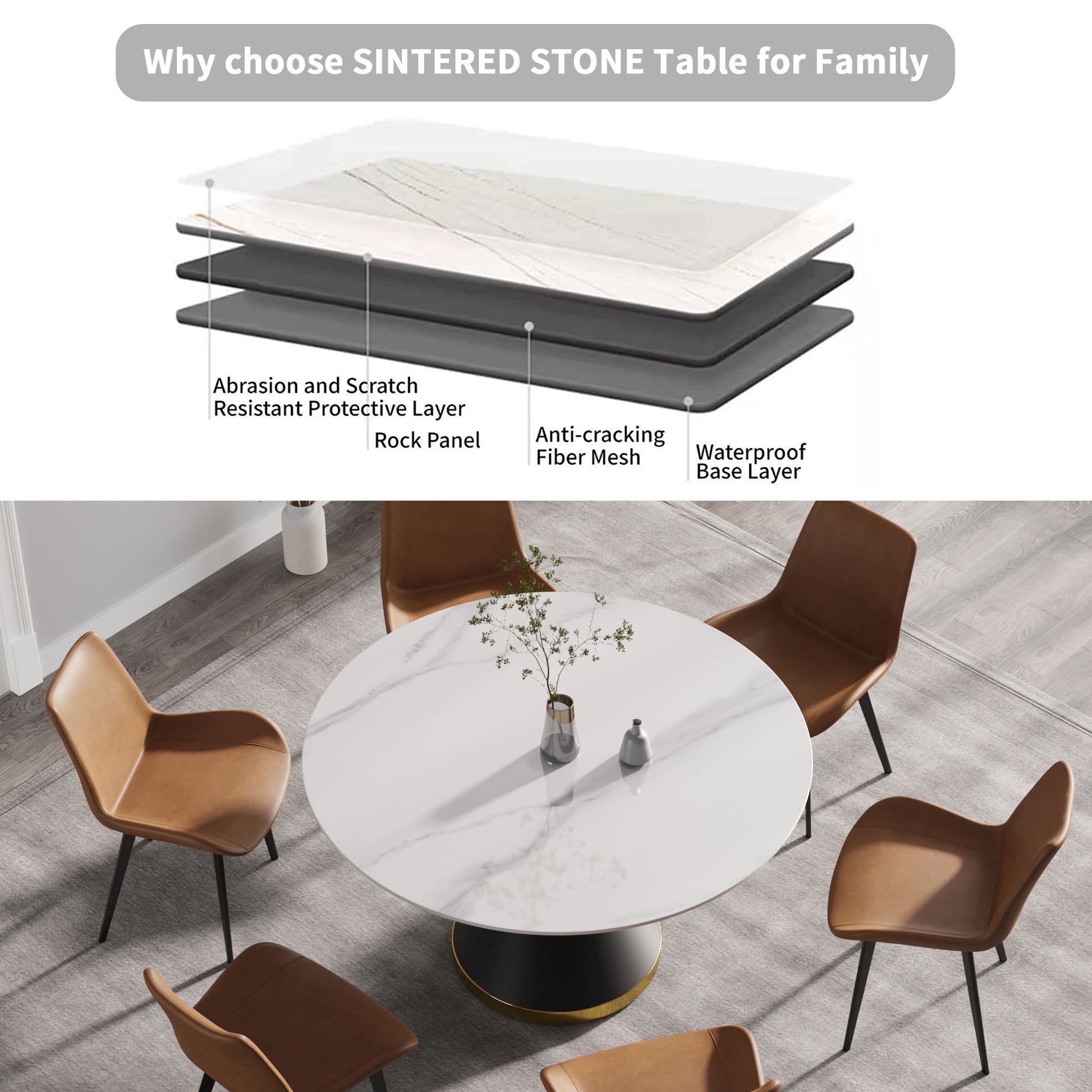 Modern Artificial Stone Round Carbon Steel Base Dining Table, Can Accommodate 6 People - Best Buy Furniture
