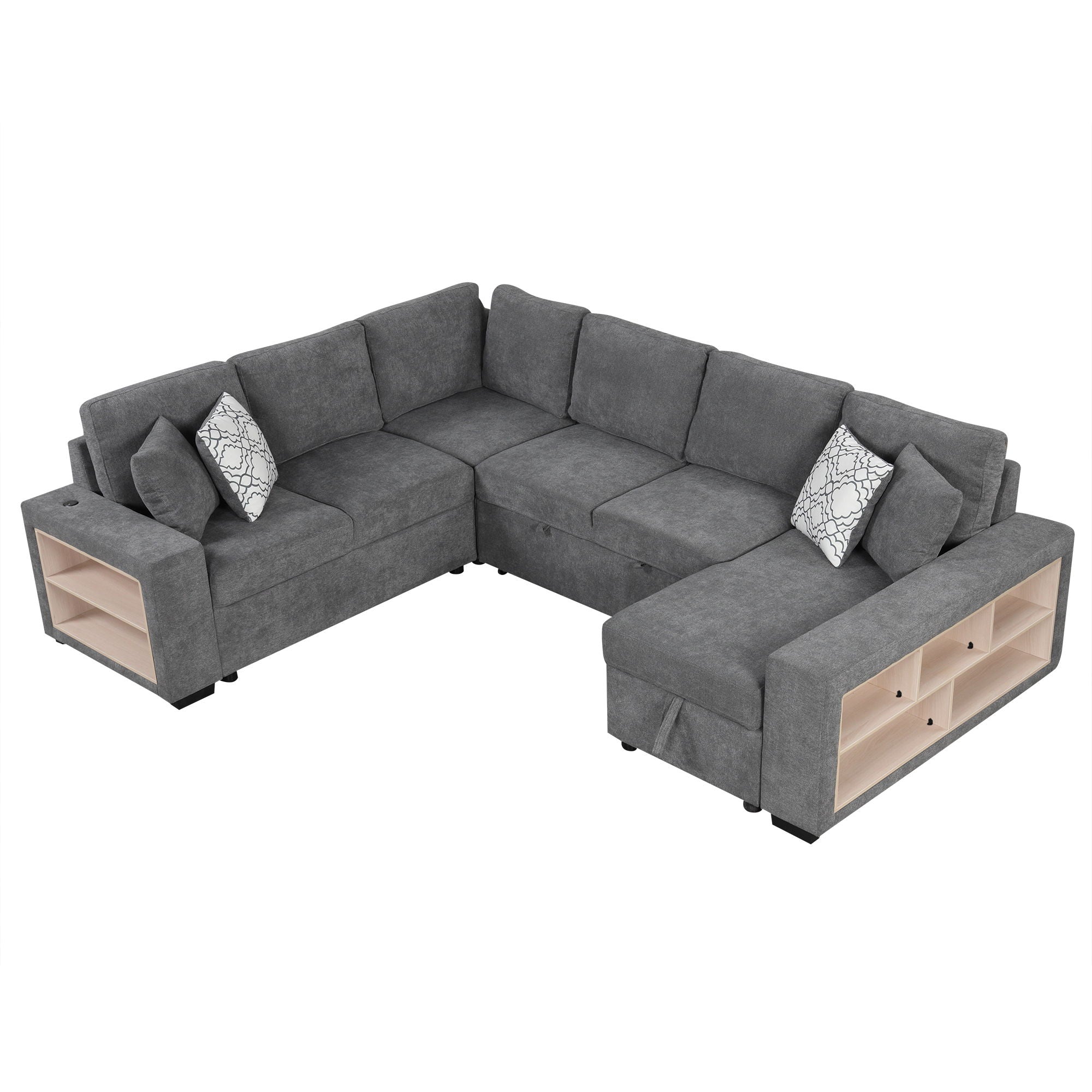 U-Shaped Sectional Sofa Pull-Out Sofa Bed With Two USB Ports, A Storage Chaise Lounge And Four Back Pillows For Living Room - Best Buy Furniture