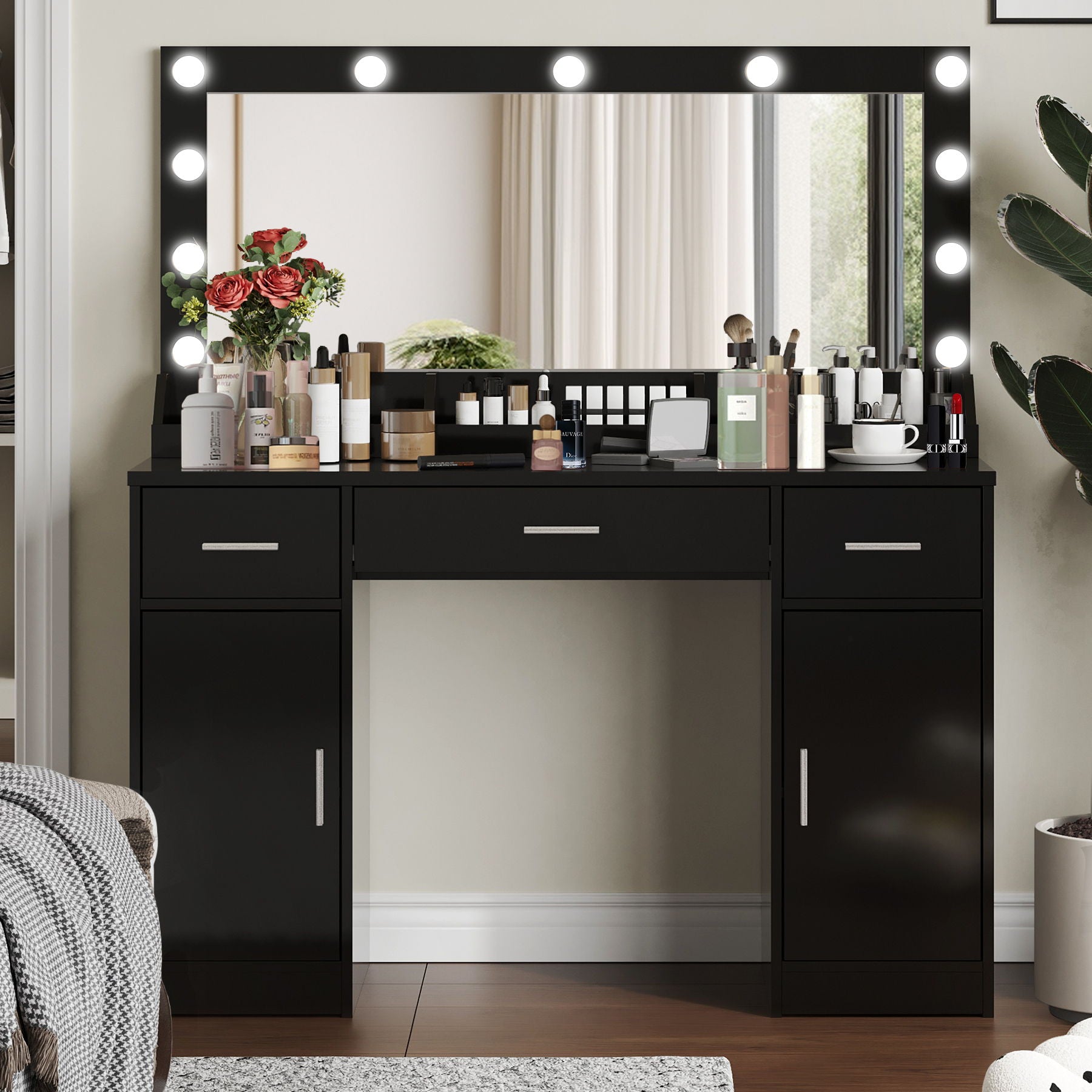 Vanity Desk With Large Mirror, 3 Colour Lighting Modes, Adjustable Brightness, Dresser With 3 Drawers & 2 Vertical Cabinets, Makeup Vanity Table For Women & Girls - Best Buy Furniture
