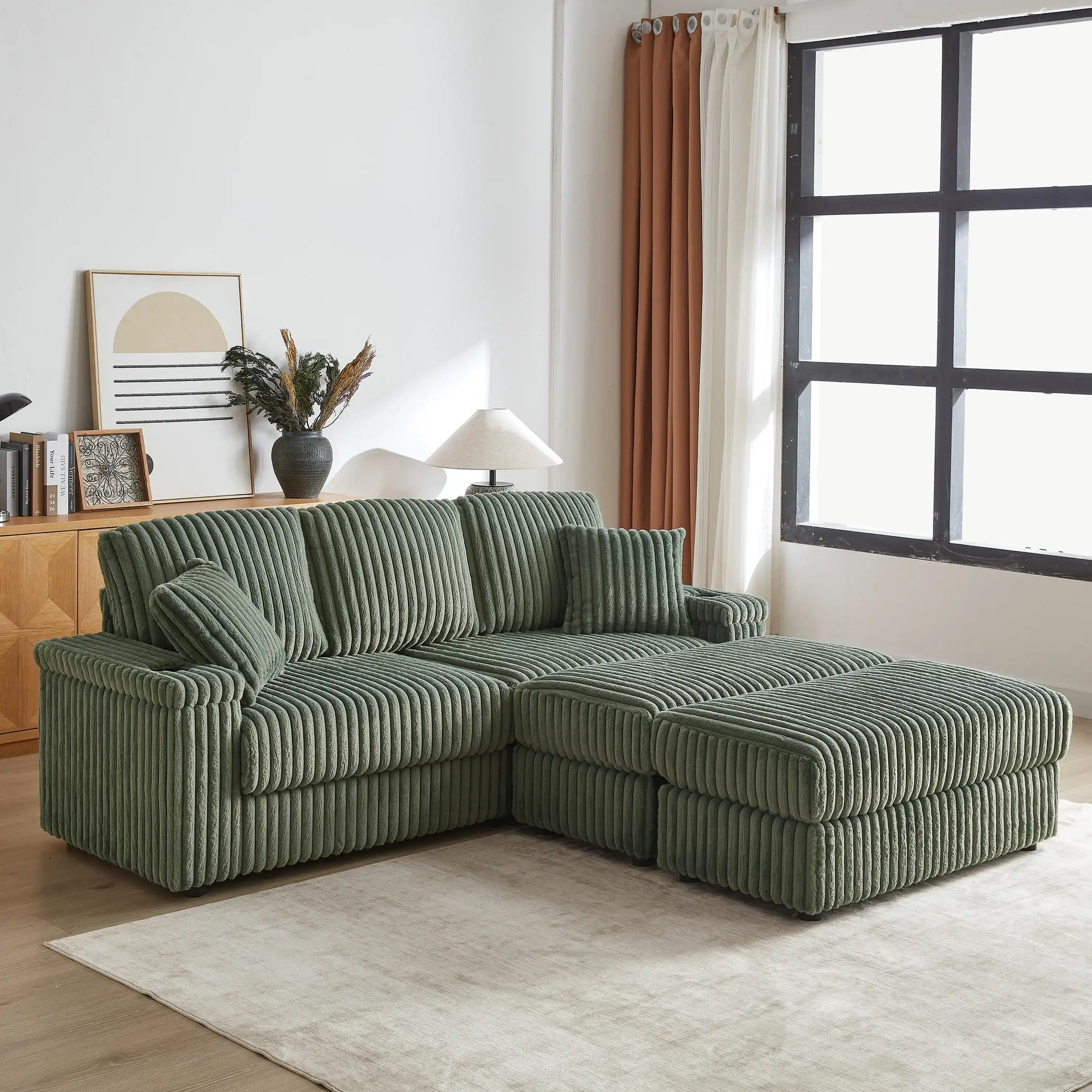Xena Modern Corduroy Sofa With Cupholders with Storage And Ottomans - Best Buy Furniture