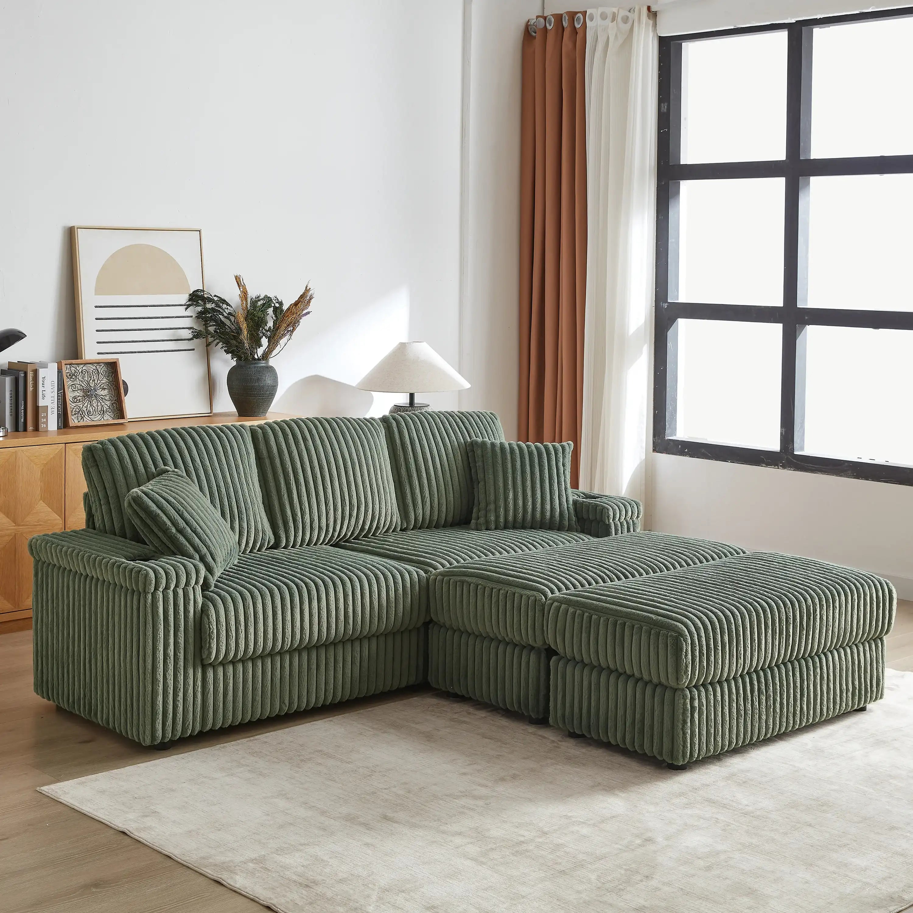 Xena Modern Corduroy Sofa With Cupholders with Storage And Ottomans - Best Buy Furniture