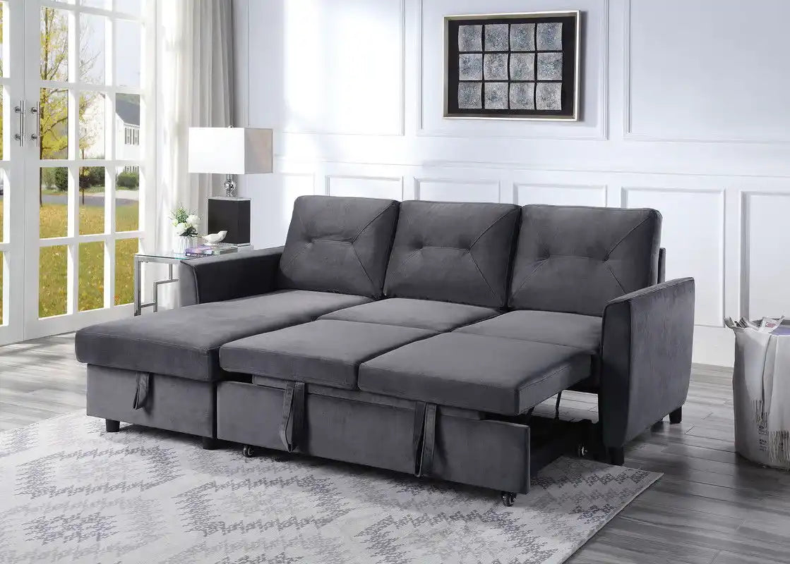 Hudson - Velvet Reversible Sleeper Sectional Sofa With Storage Chaise - Dark Gray - Best Buy Furniture