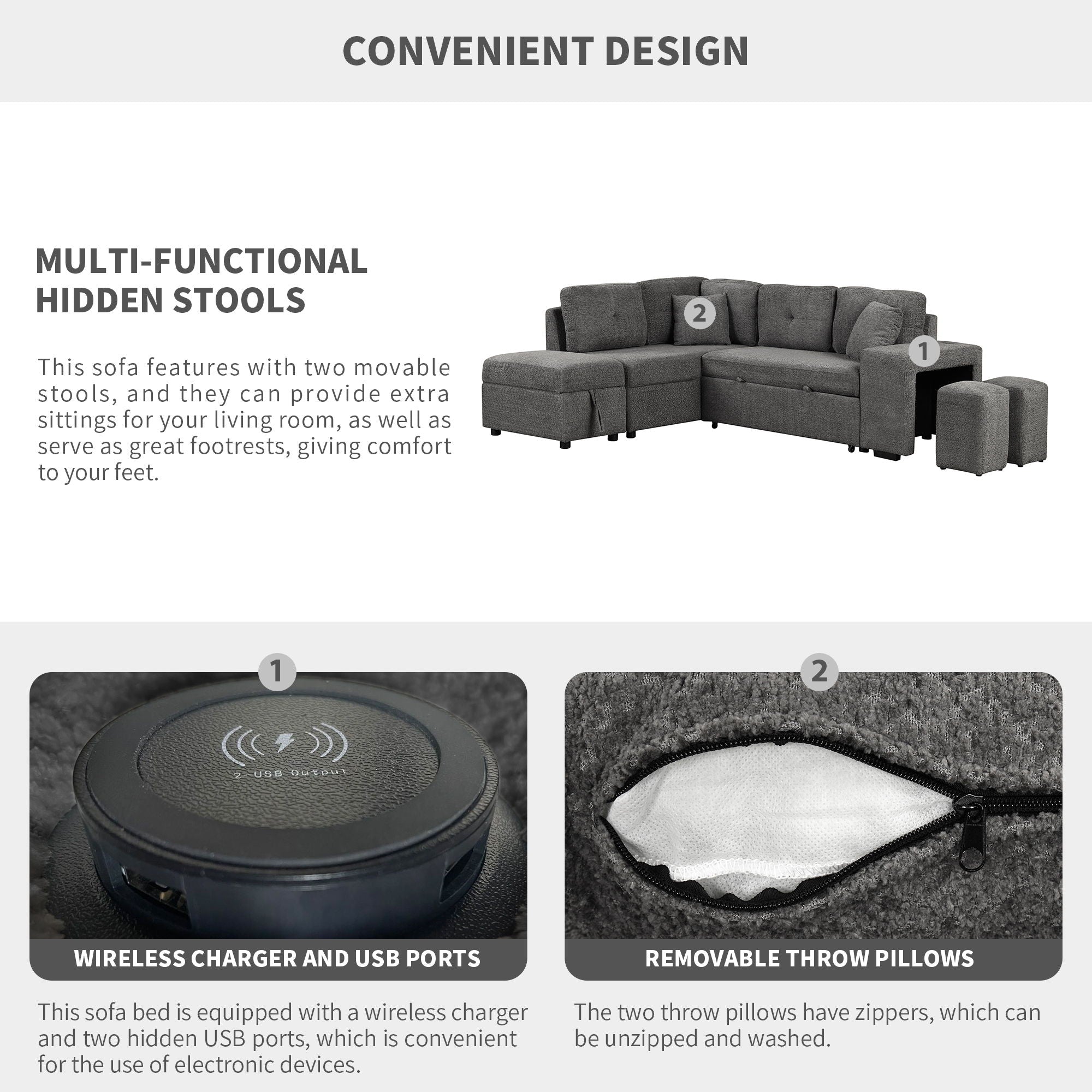 Convertible Sleeper, Sectional Pull Out Sofa Bed With Storage Ottoman, 2 Throw Pillows, 2 Stools, Wireless Charger And Two Hidden USB Ports For Living Room - Best Buy Furniture