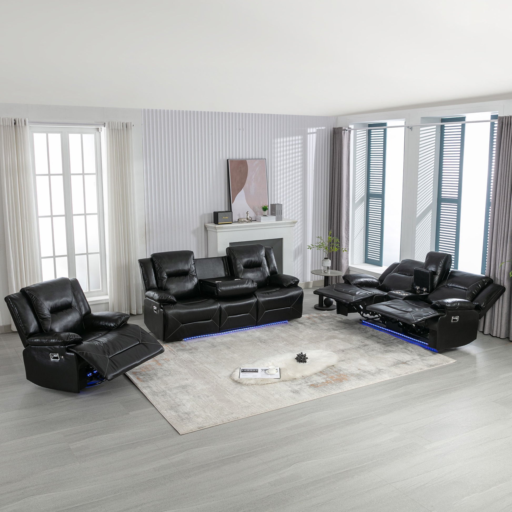 Home Theater Recliner Set Manual Recliner Chair With A LED Light Strip Two Built-In Cup Holders For Living Room - Best Buy Furniture