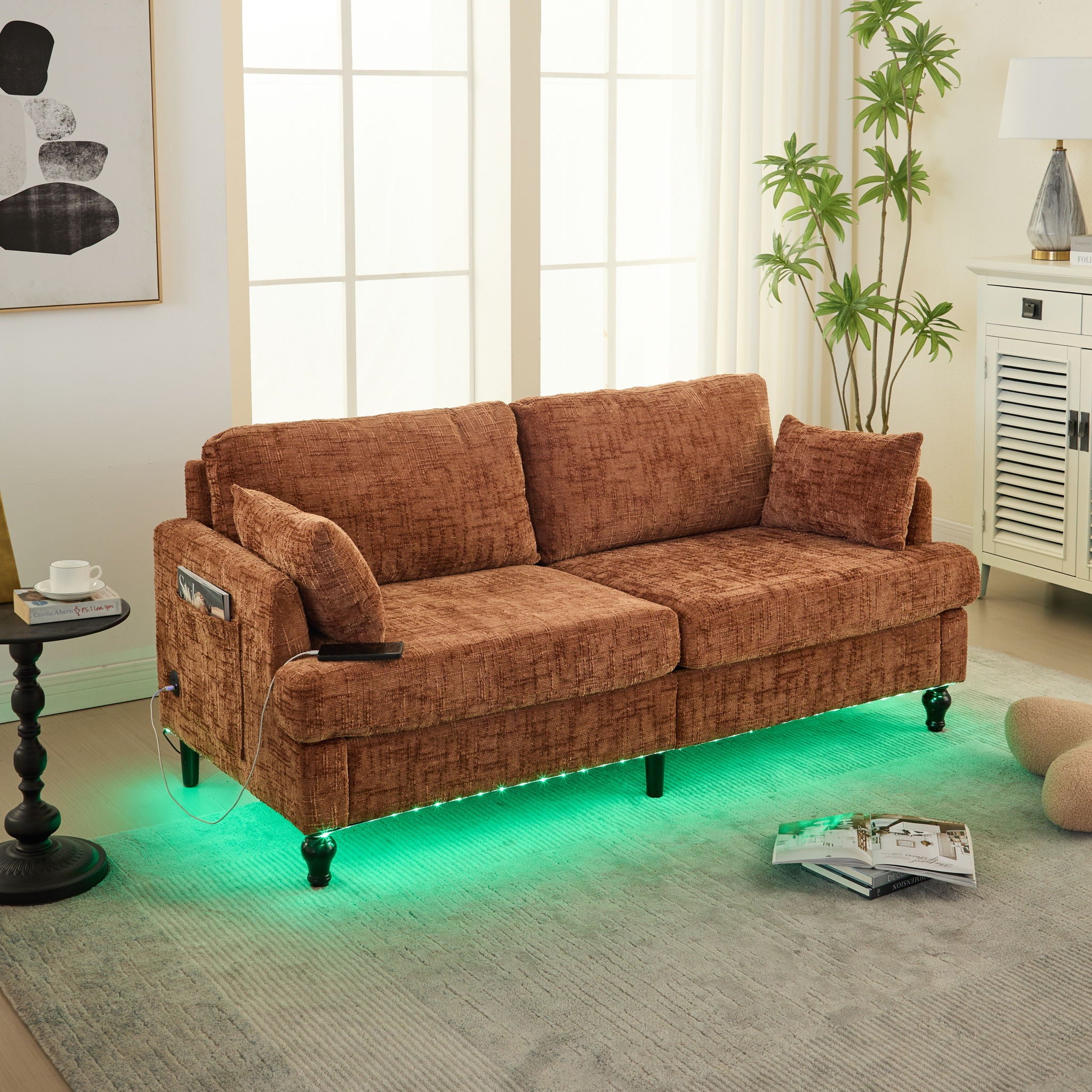 Chenille 2 Seater Sofa With LED Light, USB Charging Port, And Storage Bag - Best Buy Furniture